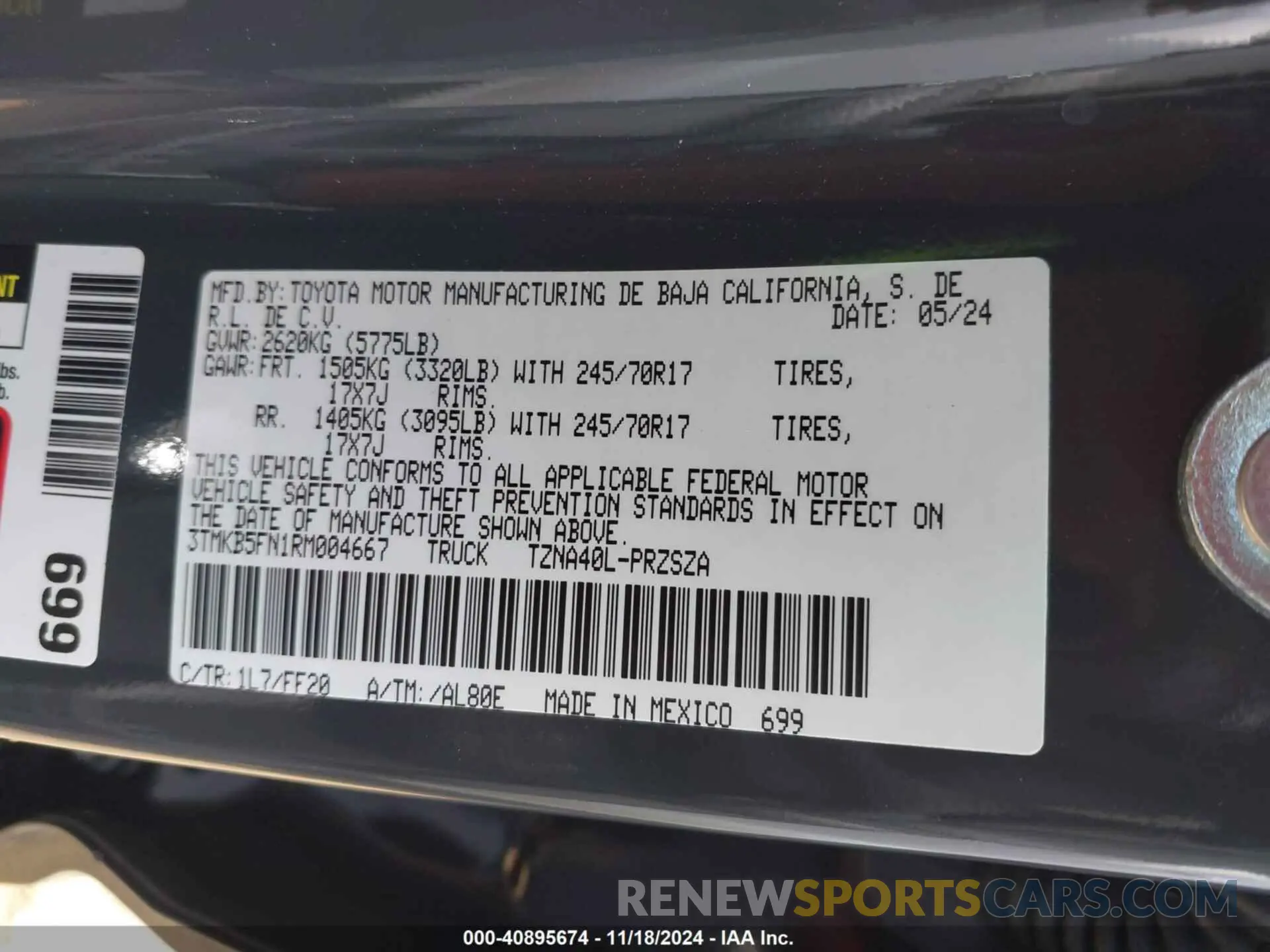 9 fotografías del automóvil dañado 3TMKB5FN1RM004667 TOYOTA TACOMA 2024
