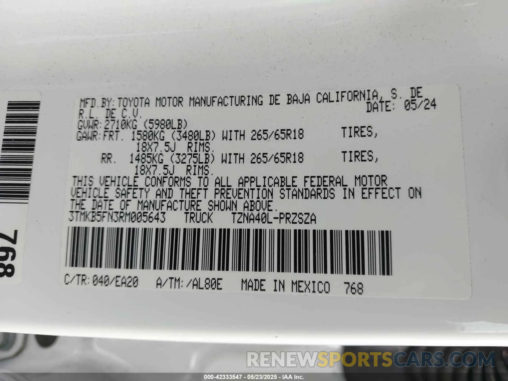 9 fotografías del automóvil dañado 3TMKB5FN3RM005643 TOYOTA TACOMA 2024