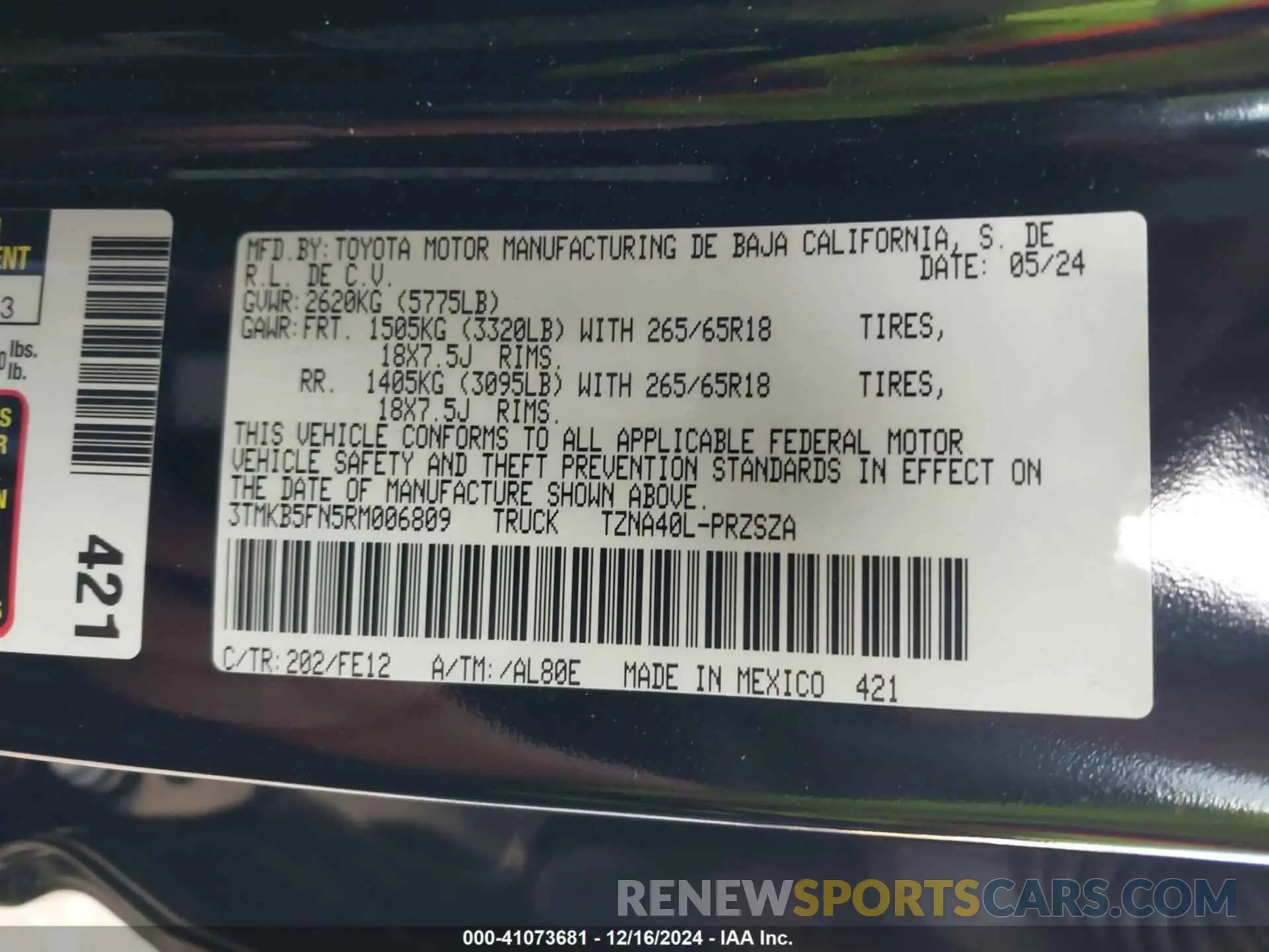 9 fotografías del automóvil dañado 3TMKB5FN5RM006809 TOYOTA TACOMA 2024