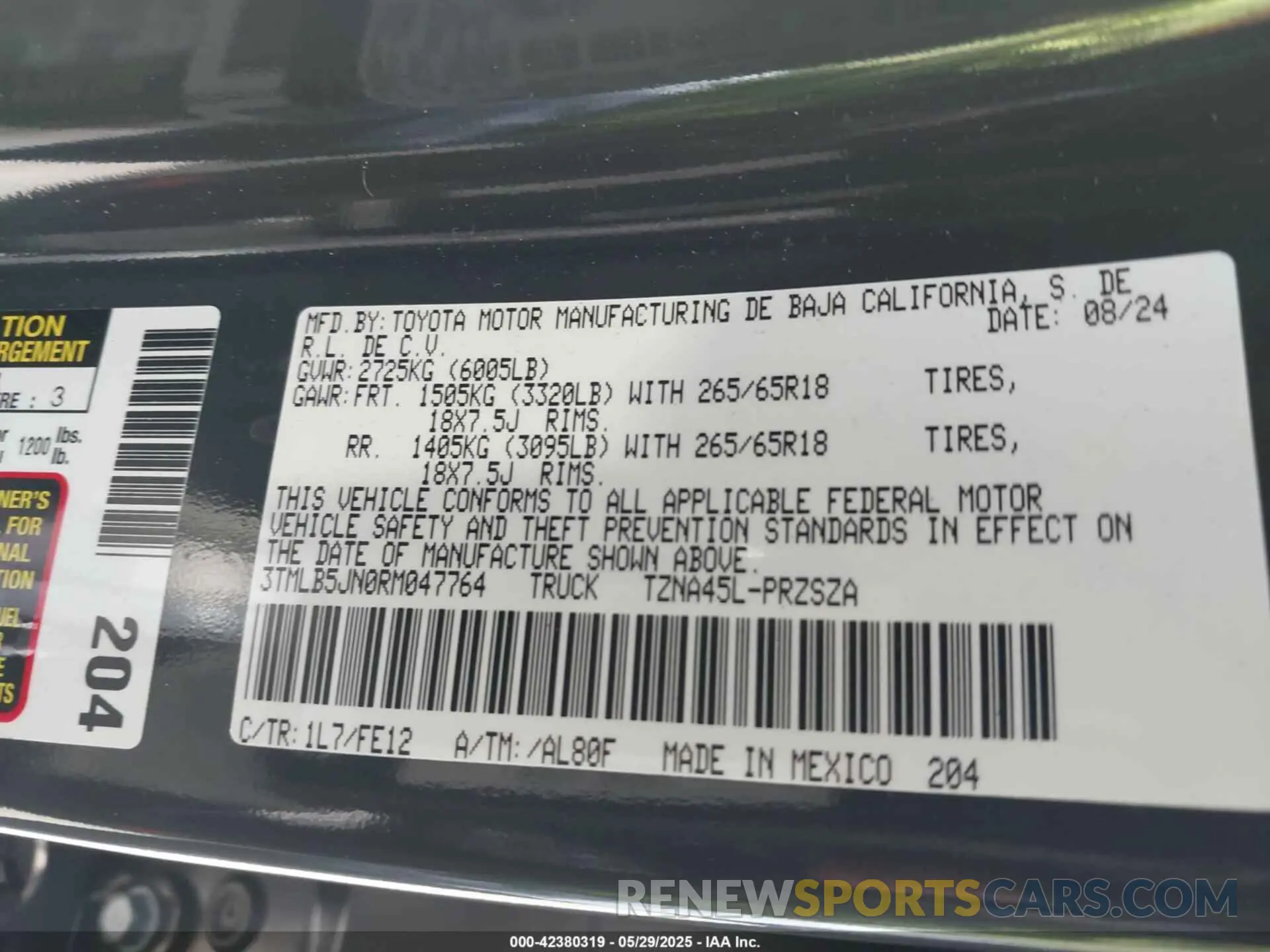 9 fotografías del automóvil dañado 3TMLB5JN0RM047764 TOYOTA TACOMA 2024