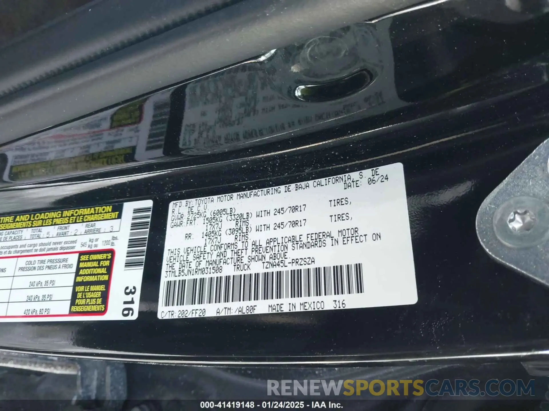 9 fotografías del automóvil dañado 3TMLB5JN1RM031508 TOYOTA TACOMA 2024