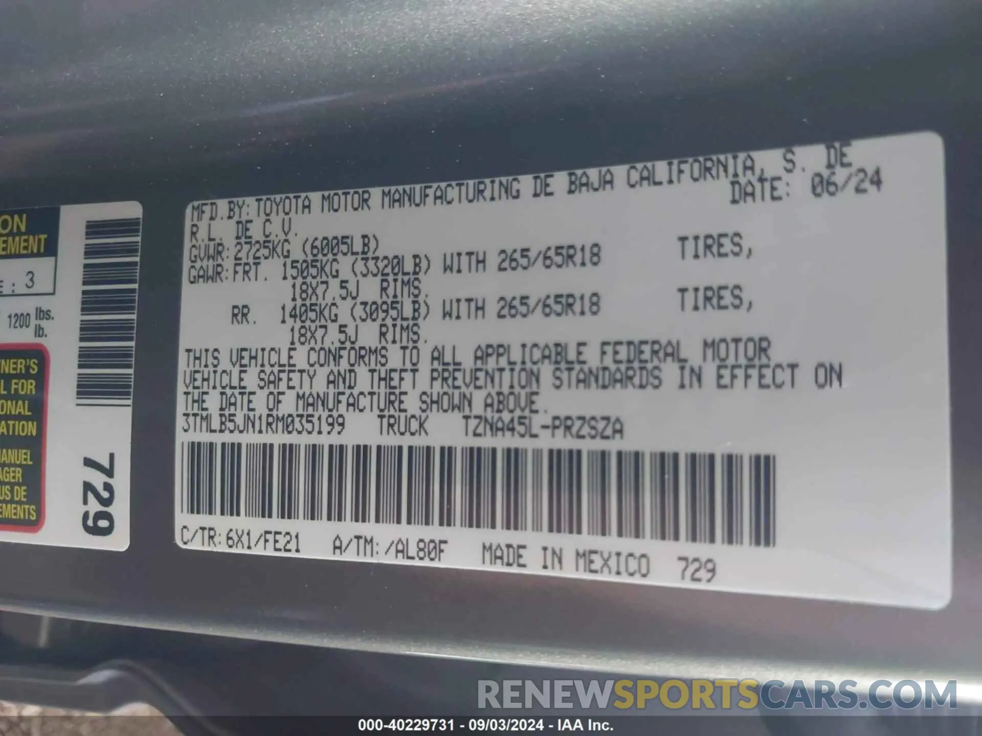 9 fotografías del automóvil dañado 3TMLB5JN1RM035199 TOYOTA TACOMA 2024