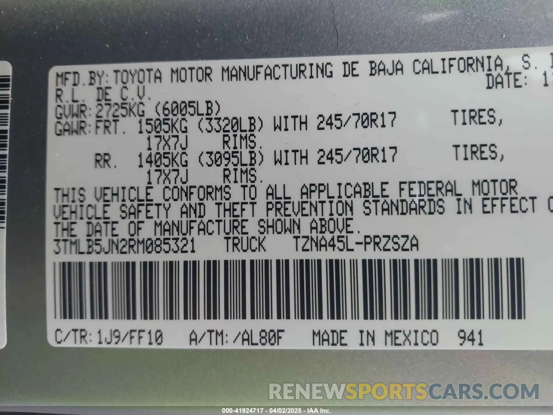 9 fotografías del automóvil dañado 3TMLB5JN2RM085321 TOYOTA TACOMA 2024