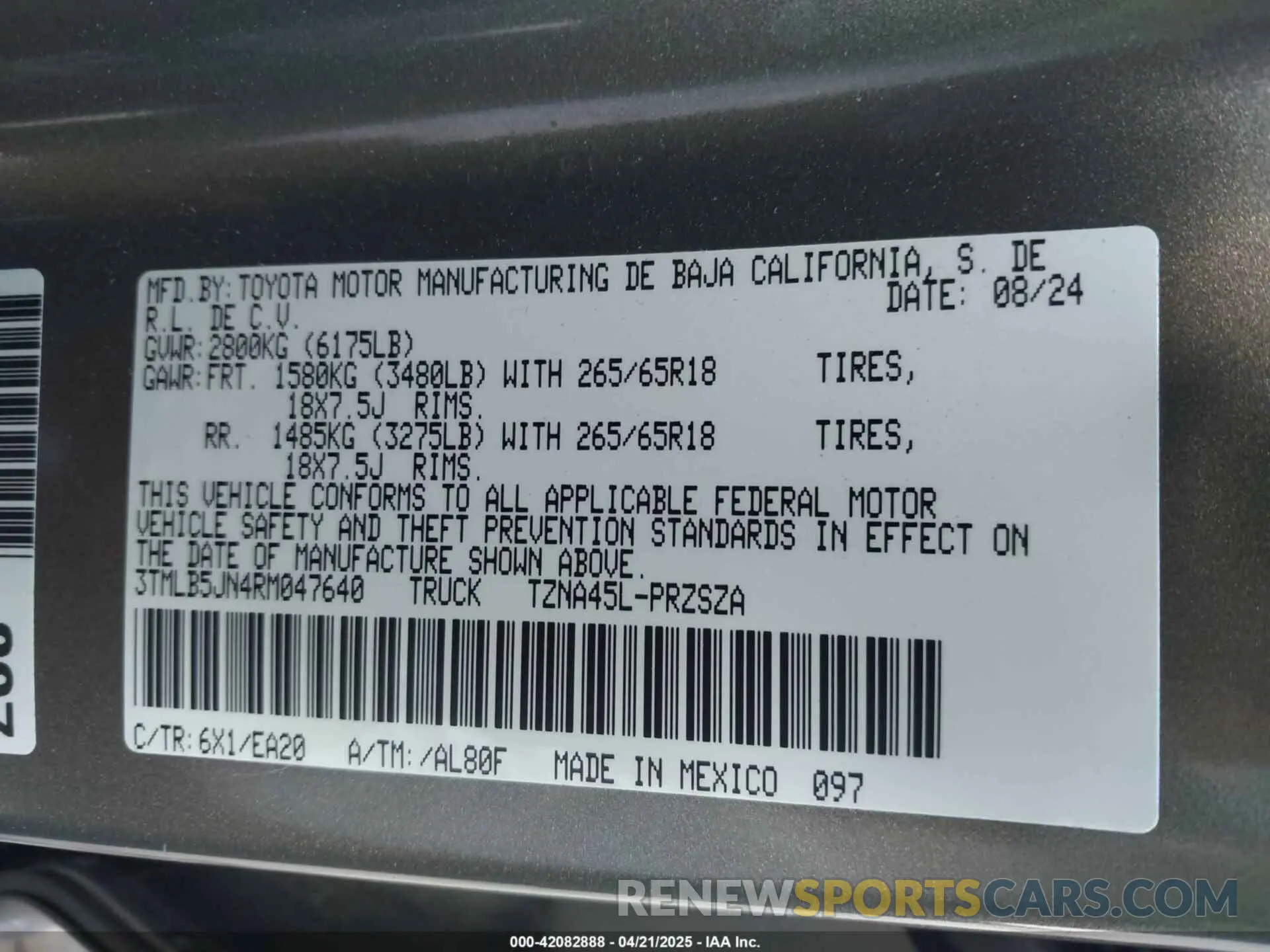 9 fotografías del automóvil dañado 3TMLB5JN4RM047640 TOYOTA TACOMA 2024