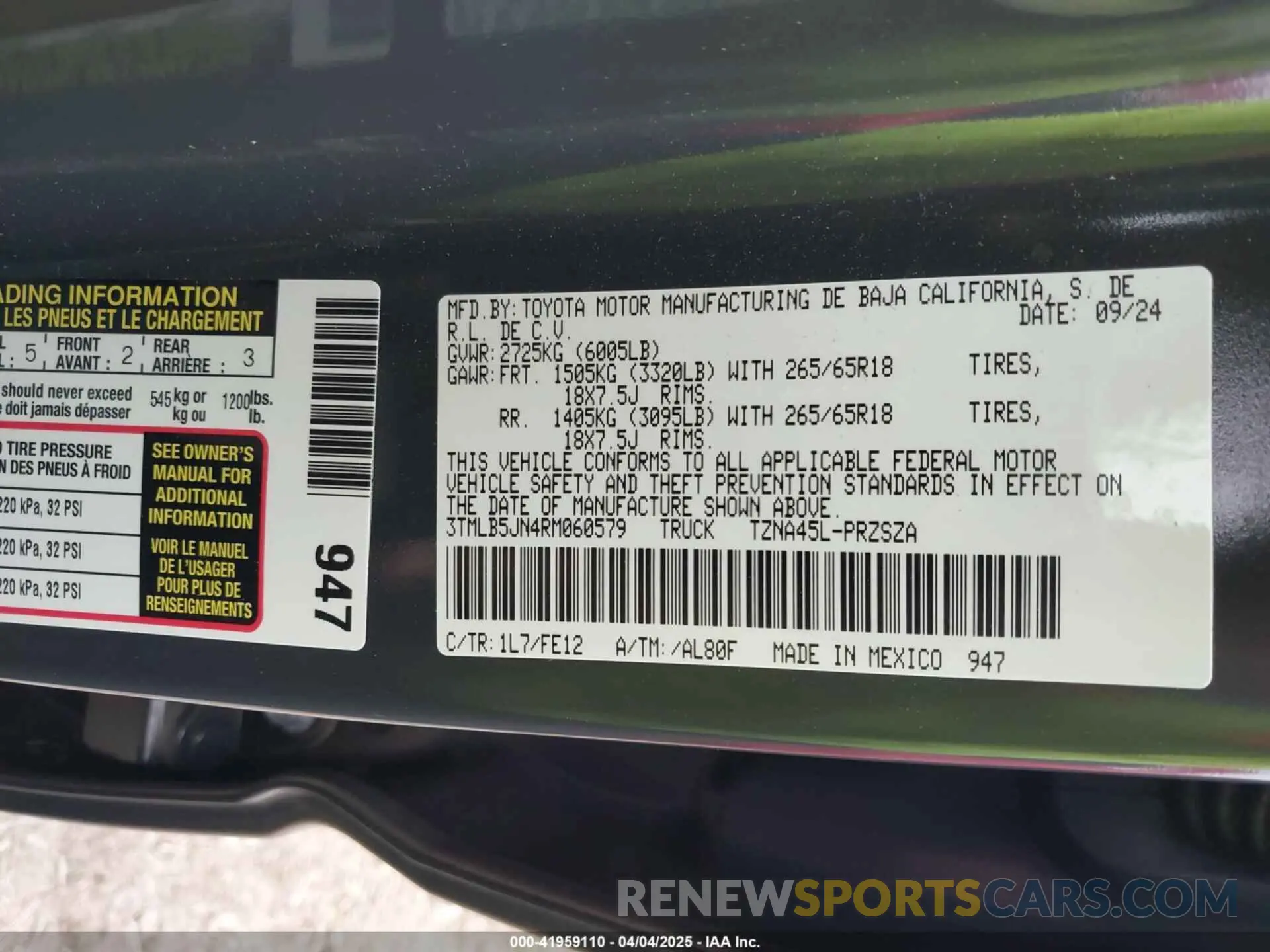 9 fotografías del automóvil dañado 3TMLB5JN4RM060579 TOYOTA TACOMA 2024