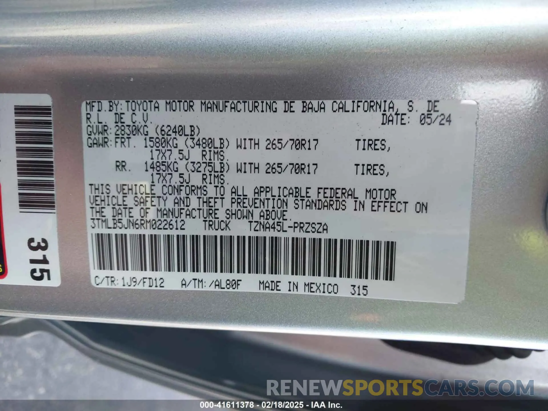 9 fotografías del automóvil dañado 3TMLB5JN6RM022612 TOYOTA TACOMA 2024