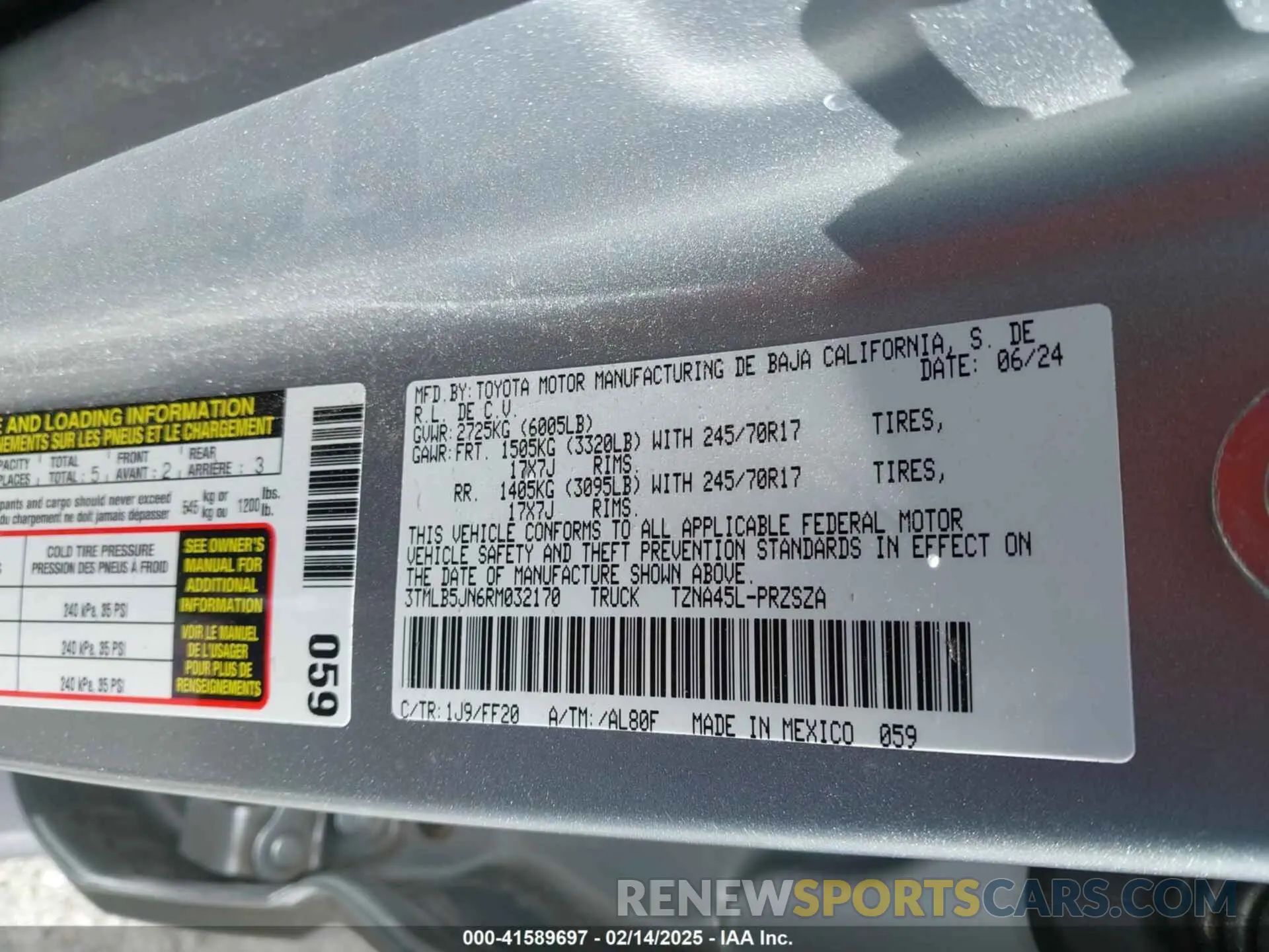 9 fotografías del automóvil dañado 3TMLB5JN6RM032170 TOYOTA TACOMA 2024