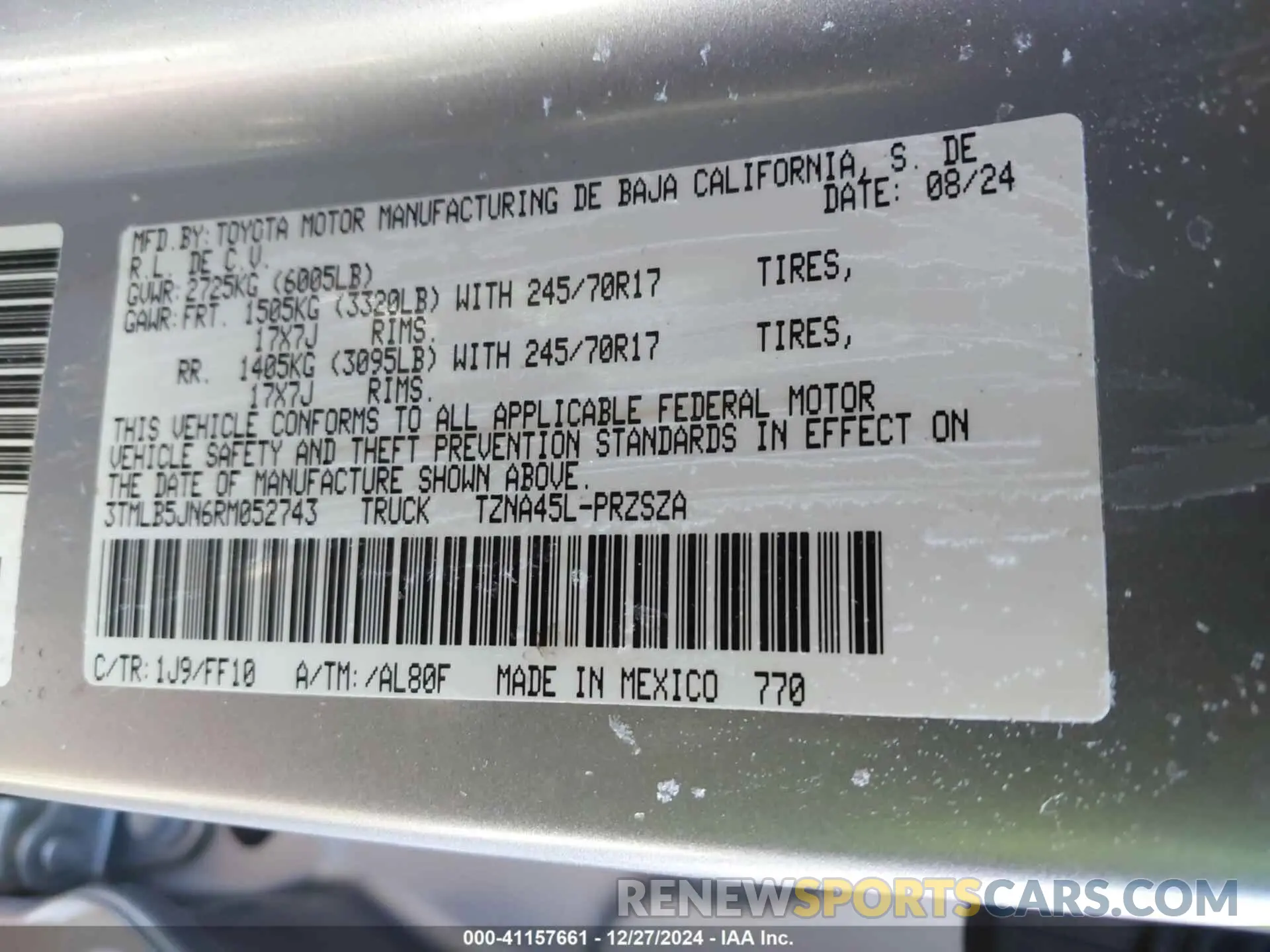 9 fotografías del automóvil dañado 3TMLB5JN6RM052743 TOYOTA TACOMA 2024