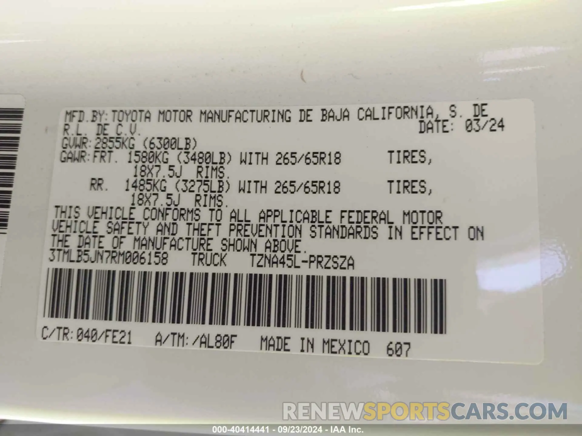9 fotografías del automóvil dañado 3TMLB5JN7RM006158 TOYOTA TACOMA 2024