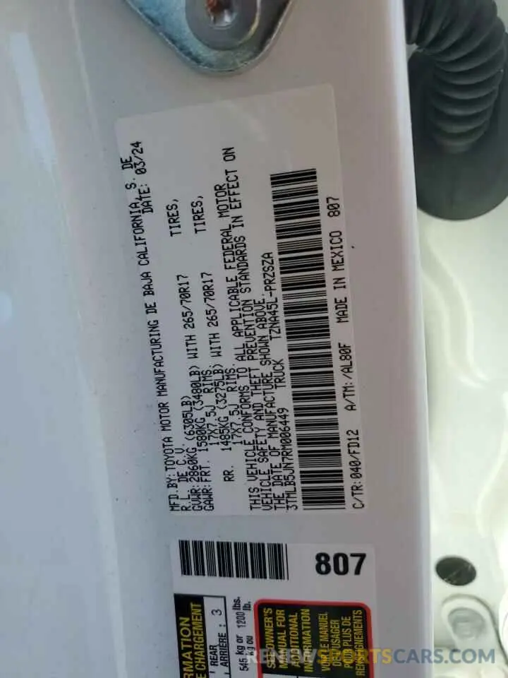 12 fotografías del automóvil dañado 3TMLB5JN7RM006449 TOYOTA TACOMA 2024