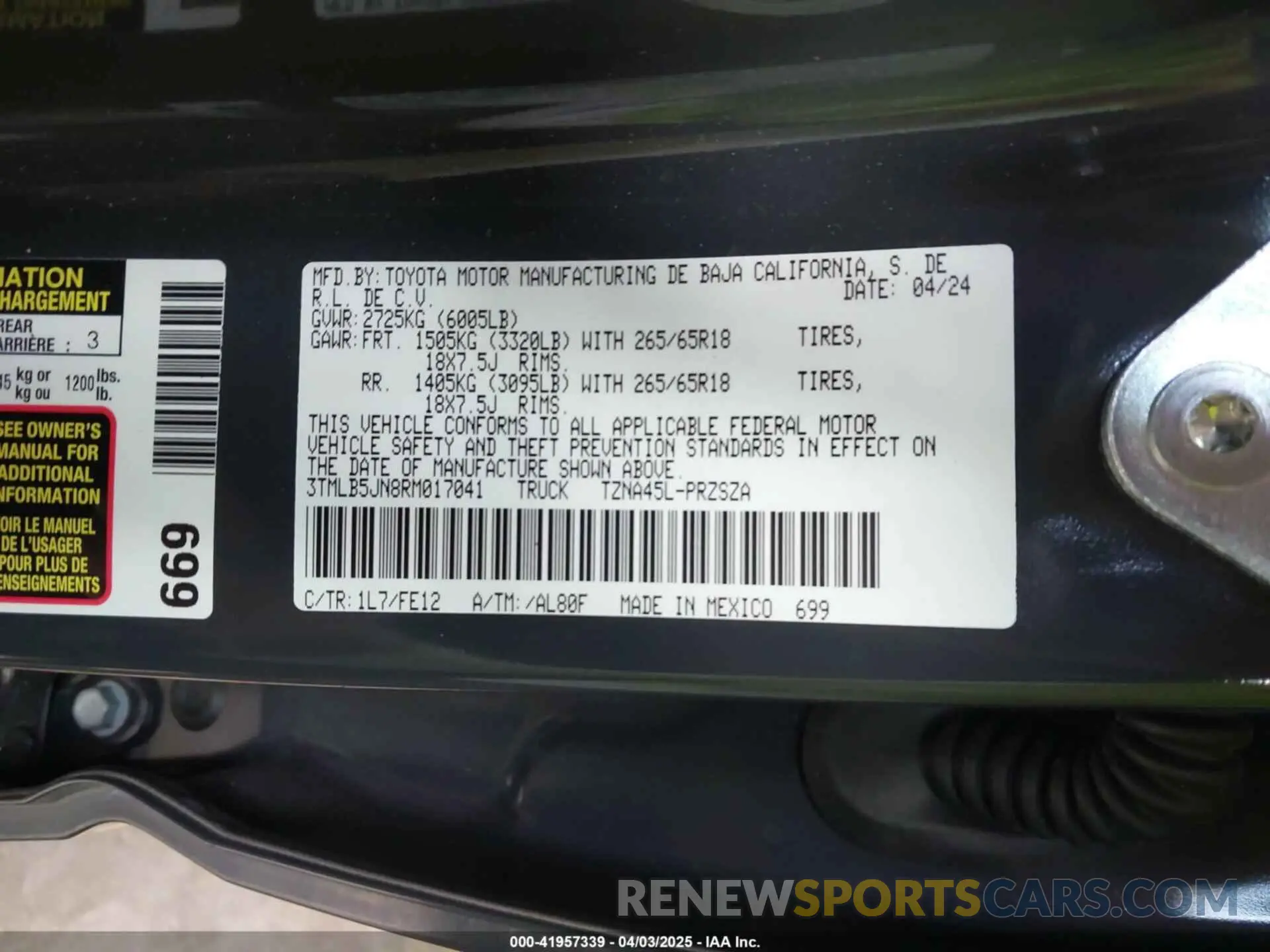 9 fotografías del automóvil dañado 3TMLB5JN8RM017041 TOYOTA TACOMA 2024