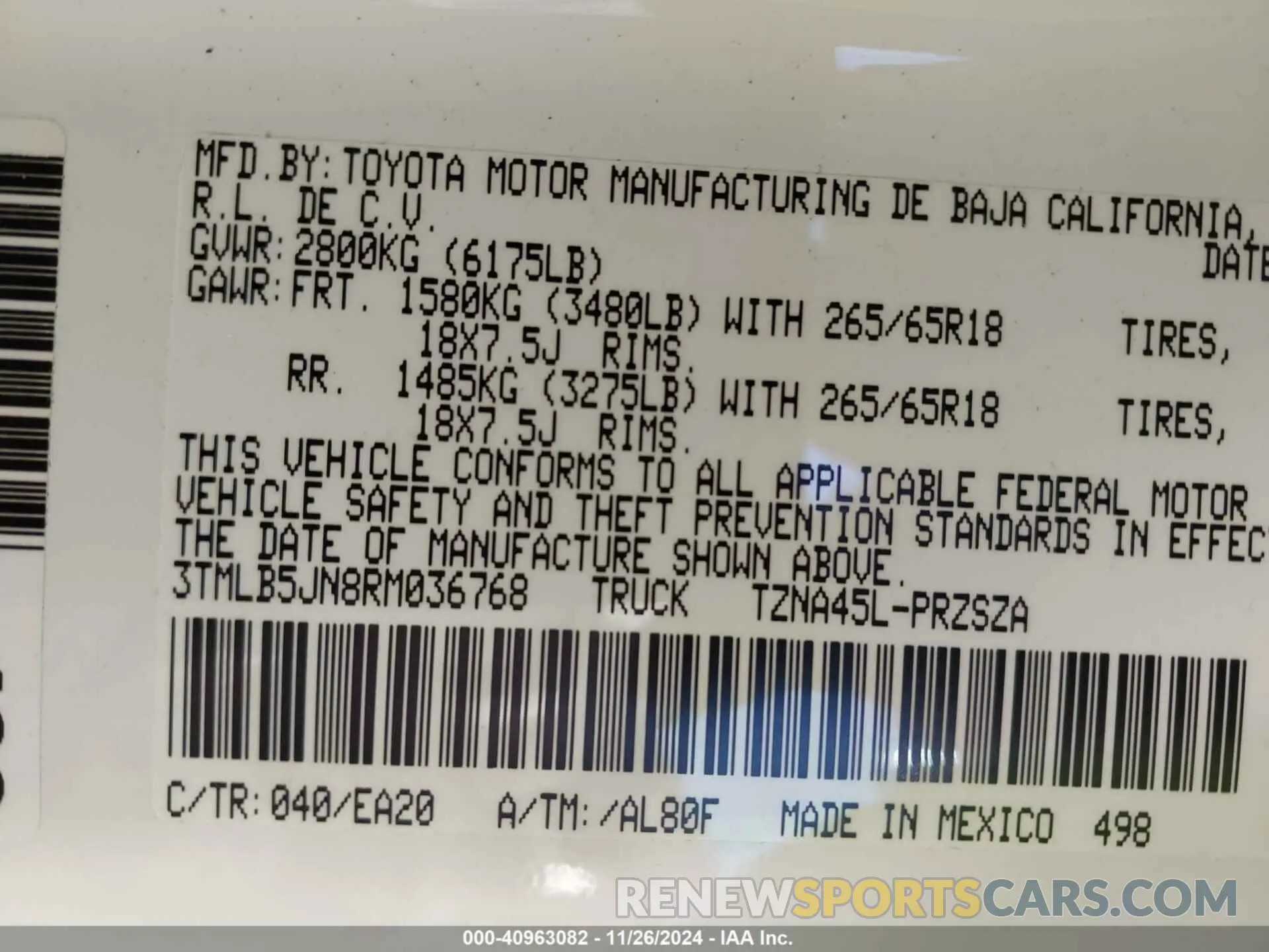 9 fotografías del automóvil dañado 3TMLB5JN8RM036768 TOYOTA TACOMA 2024