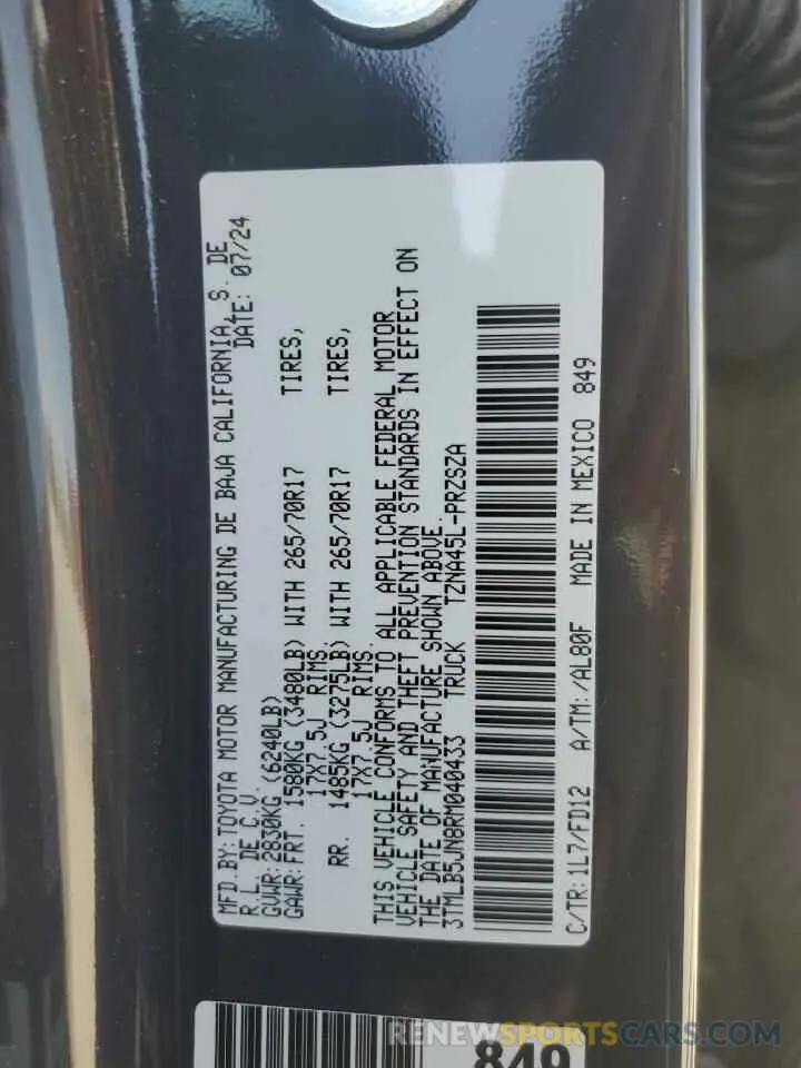 14 fotografías del automóvil dañado 3TMLB5JN8RM040433 TOYOTA TACOMA 2024