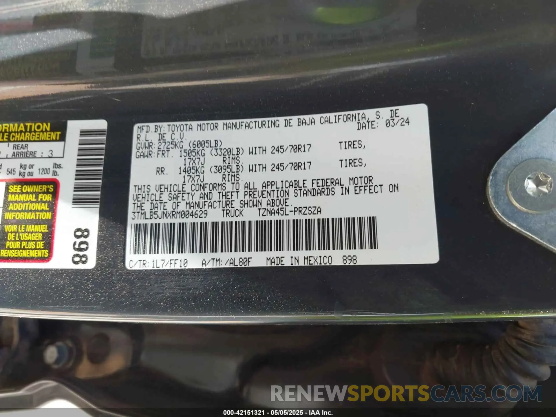 9 fotografías del automóvil dañado 3TMLB5JNXRM004629 TOYOTA TACOMA 2024