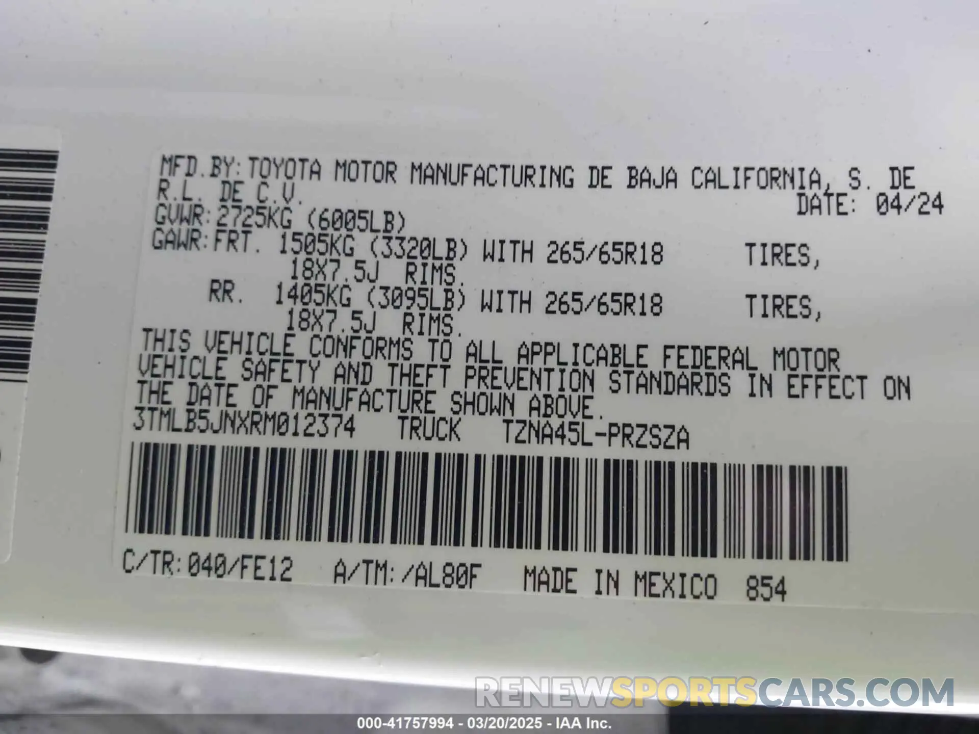9 fotografías del automóvil dañado 3TMLB5JNXRM012374 TOYOTA TACOMA 2024