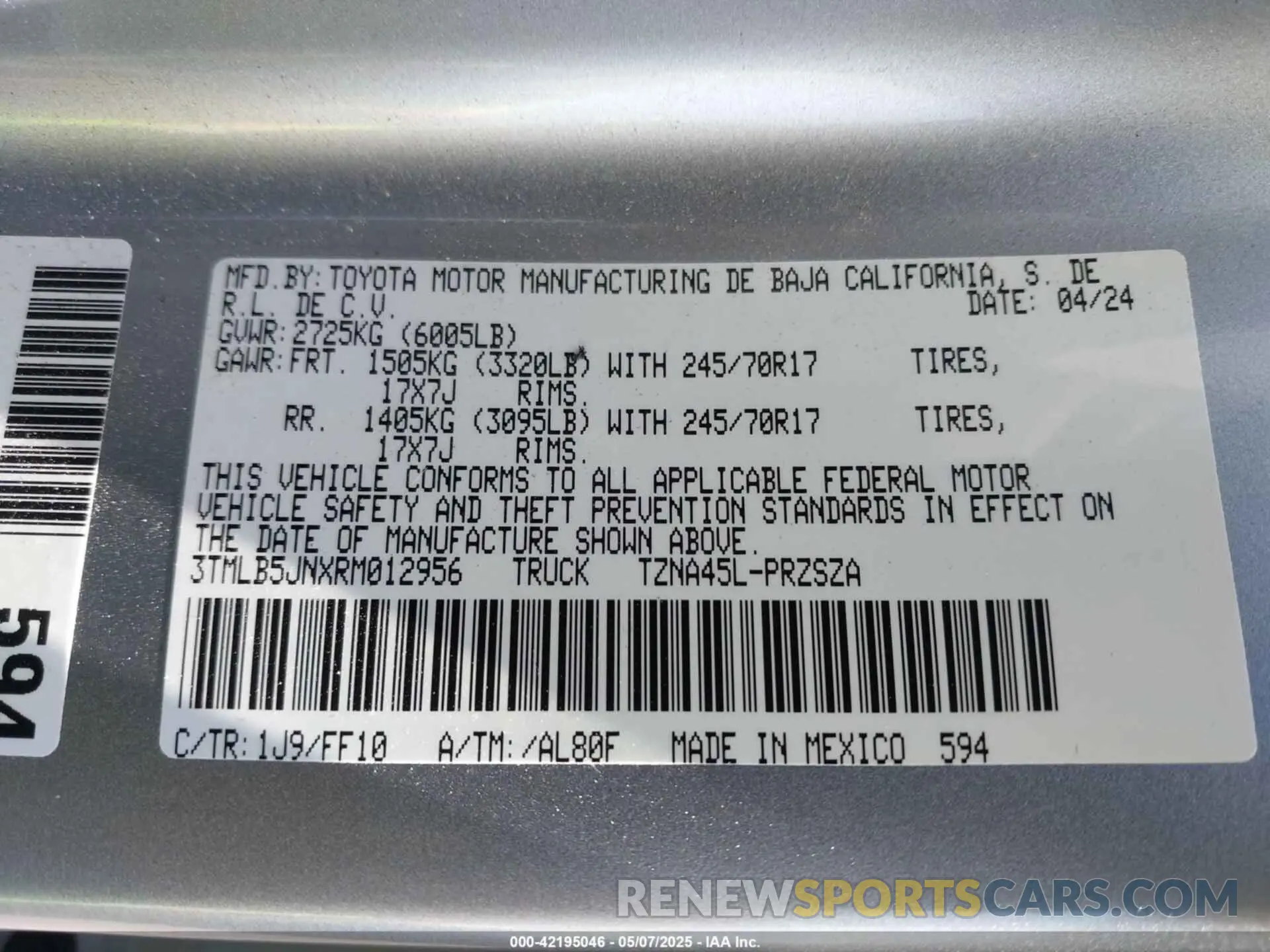 9 fotografías del automóvil dañado 3TMLB5JNXRM012956 TOYOTA TACOMA 2024