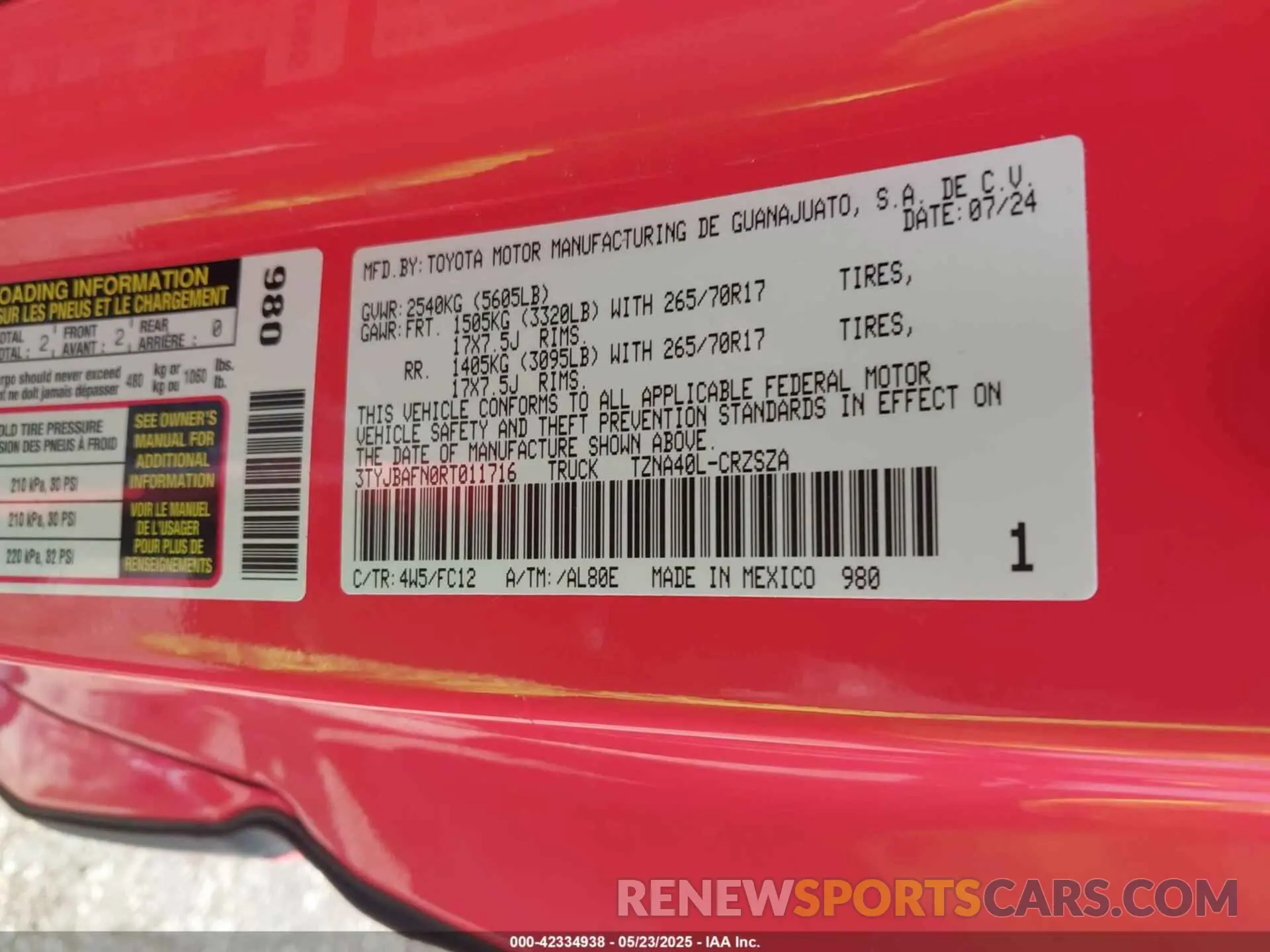 9 fotografías del automóvil dañado 3TYJBAFN0RT011716 TOYOTA TACOMA 2024