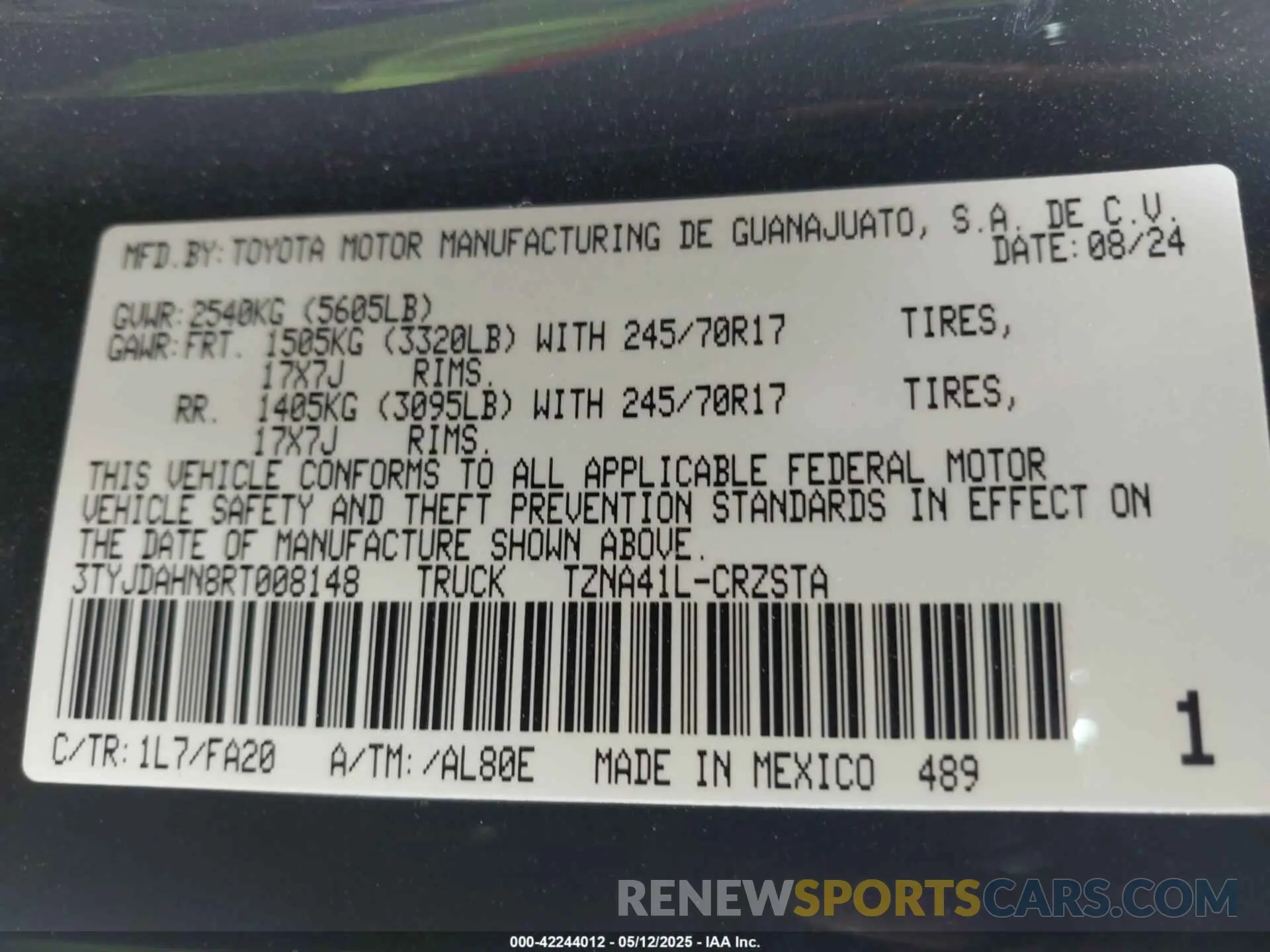 9 fotografías del automóvil dañado 3TYJDAHN8RT008148 TOYOTA TACOMA 2024