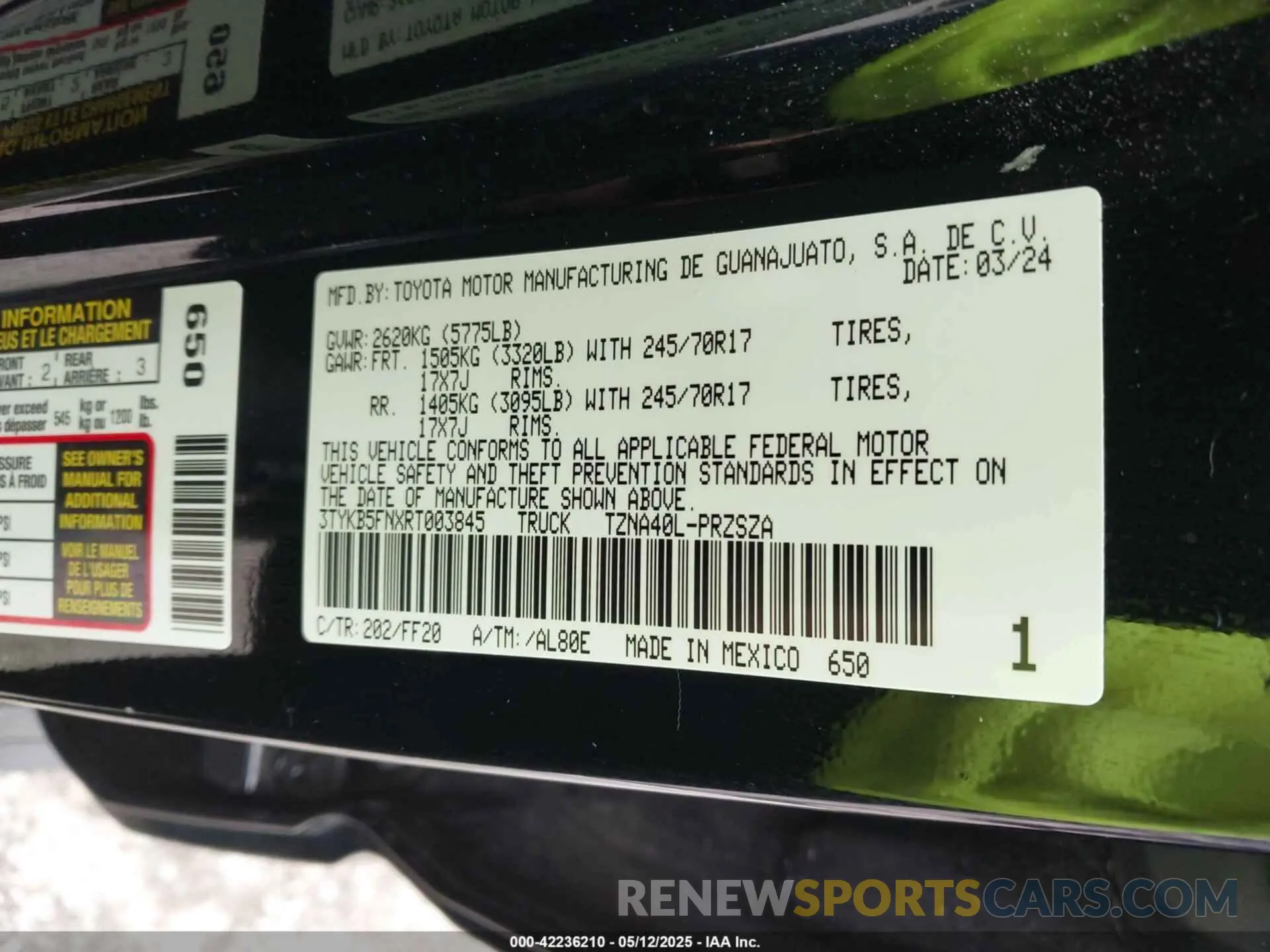9 fotografías del automóvil dañado 3TYKB5FNXRT003845 TOYOTA TACOMA 2024
