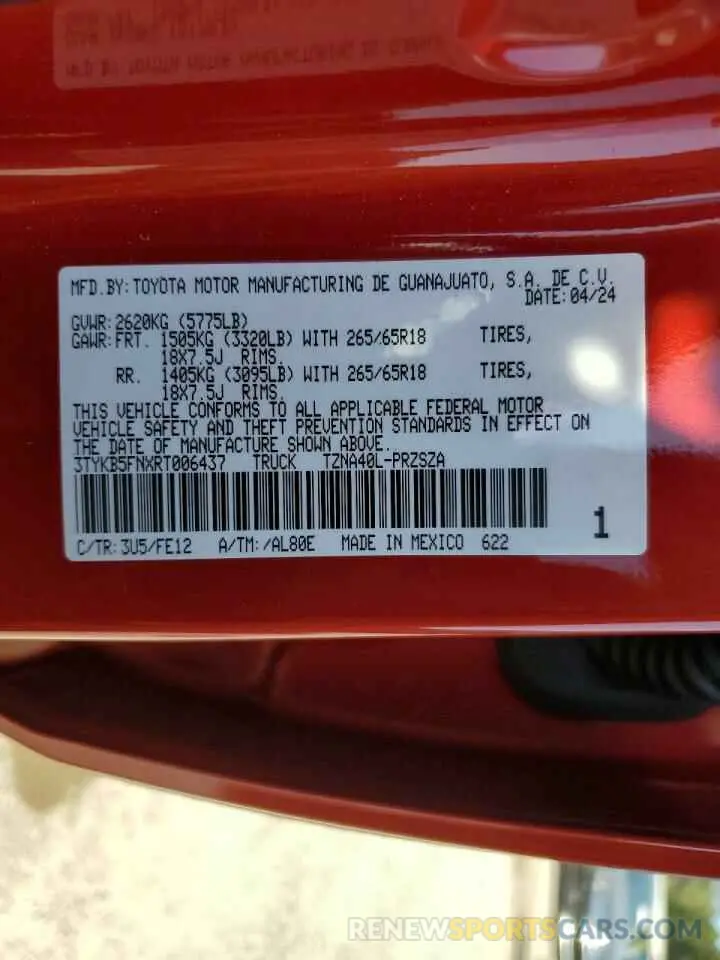 13 fotografías del automóvil dañado 3TYKB5FNXRT006437 TOYOTA TACOMA 2024