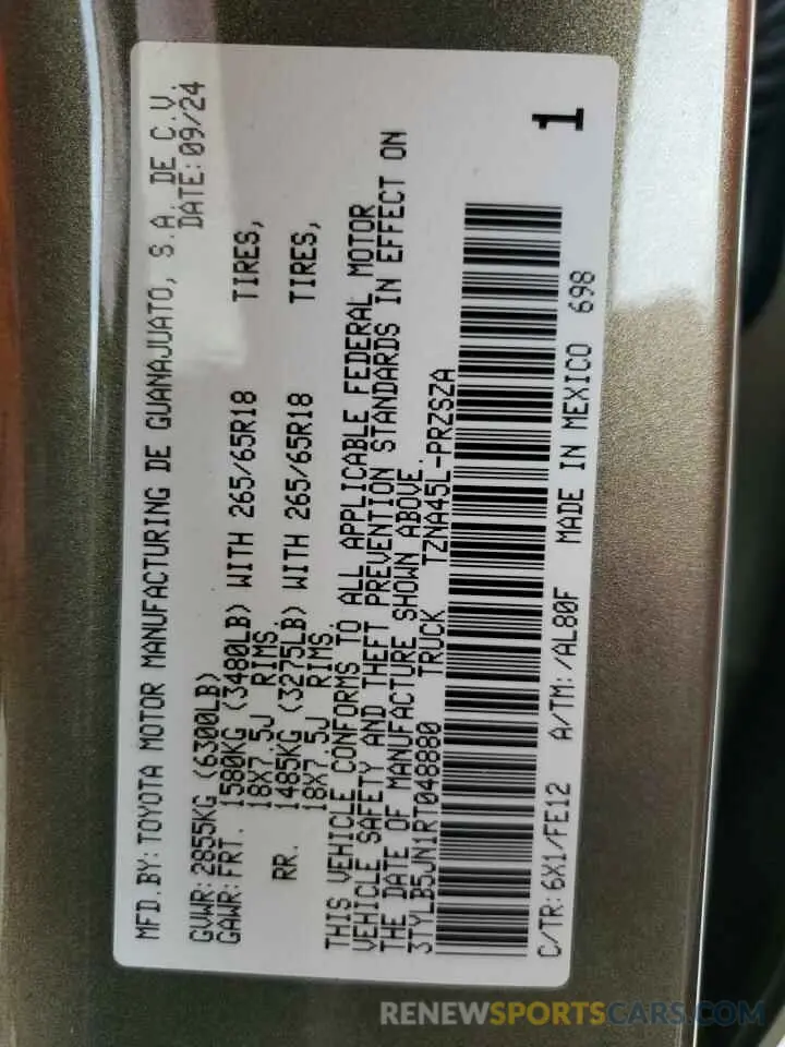 12 fotografías del automóvil dañado 3TYLB5JN1RT048880 TOYOTA TACOMA 2024