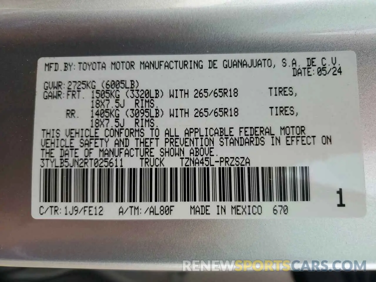 12 fotografías del automóvil dañado 3TYLB5JN2RT025611 TOYOTA TACOMA 2024
