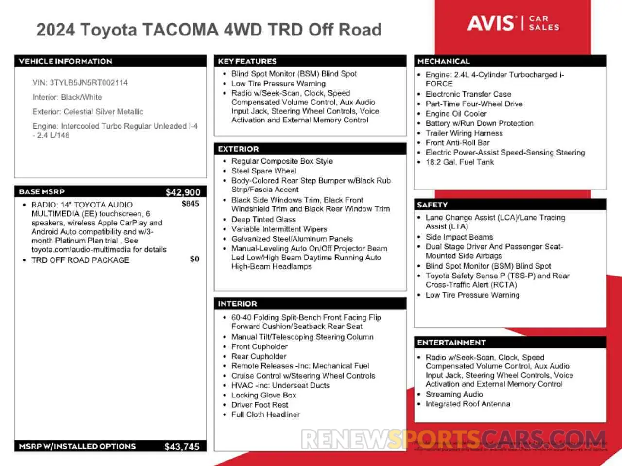 12 fotografías del automóvil dañado 3TYLB5JN5RT002114 TOYOTA TACOMA 2024