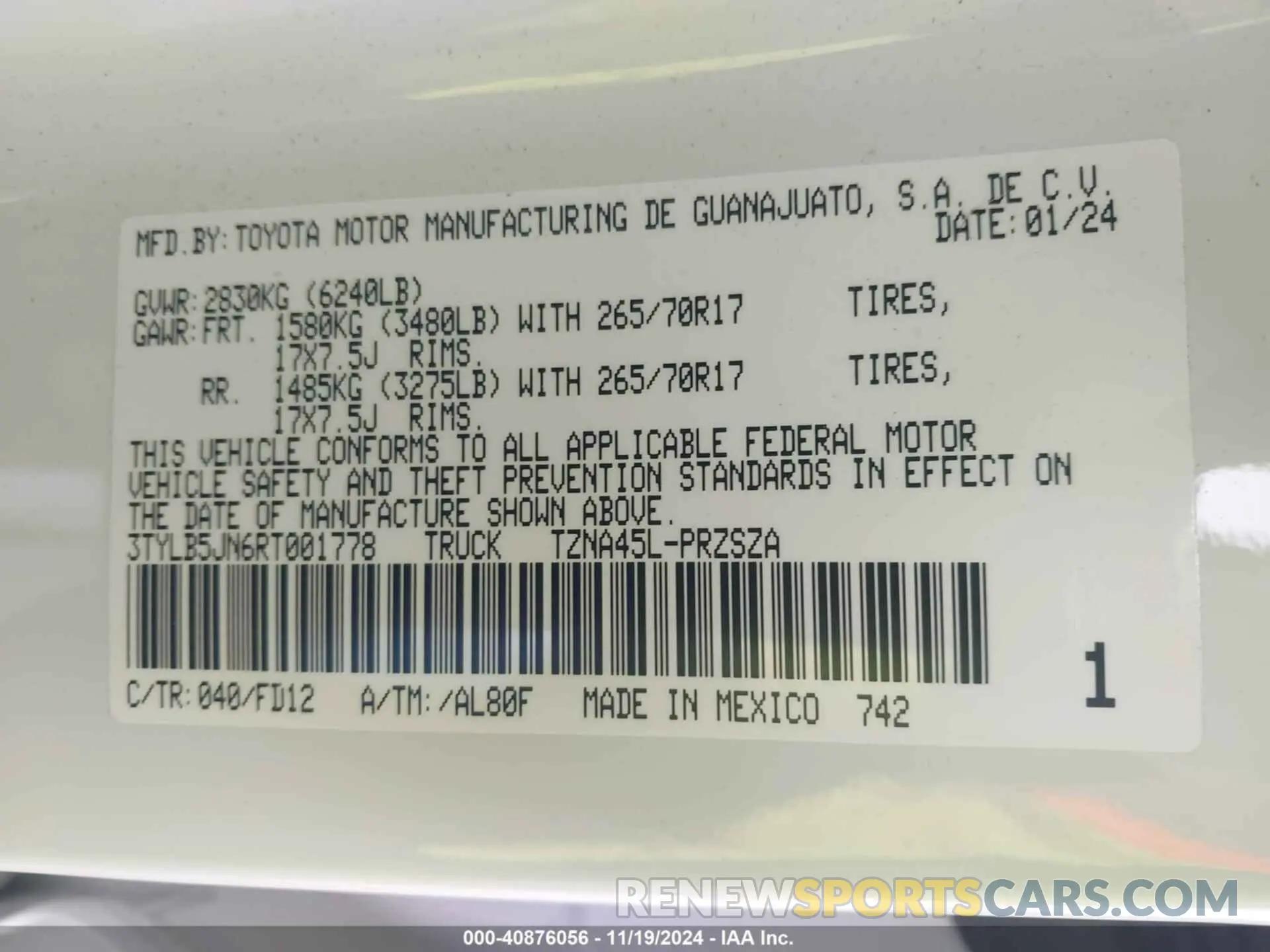 9 fotografías del automóvil dañado 3TYLB5JN6RT001778 TOYOTA TACOMA 2024
