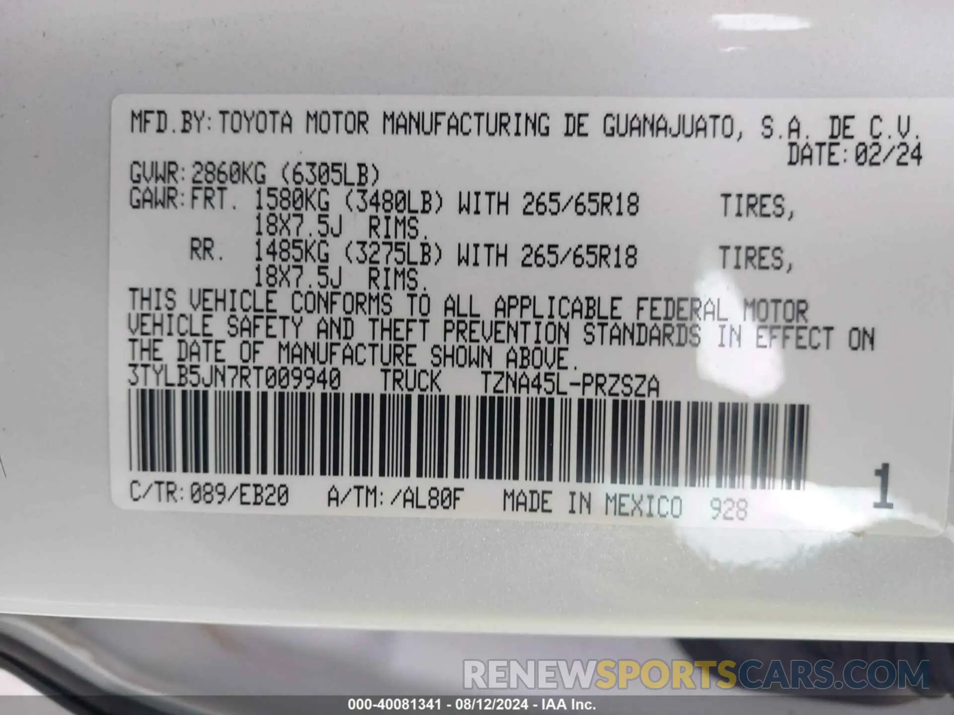 9 fotografías del automóvil dañado 3TYLB5JN7RT009940 TOYOTA TACOMA 2024