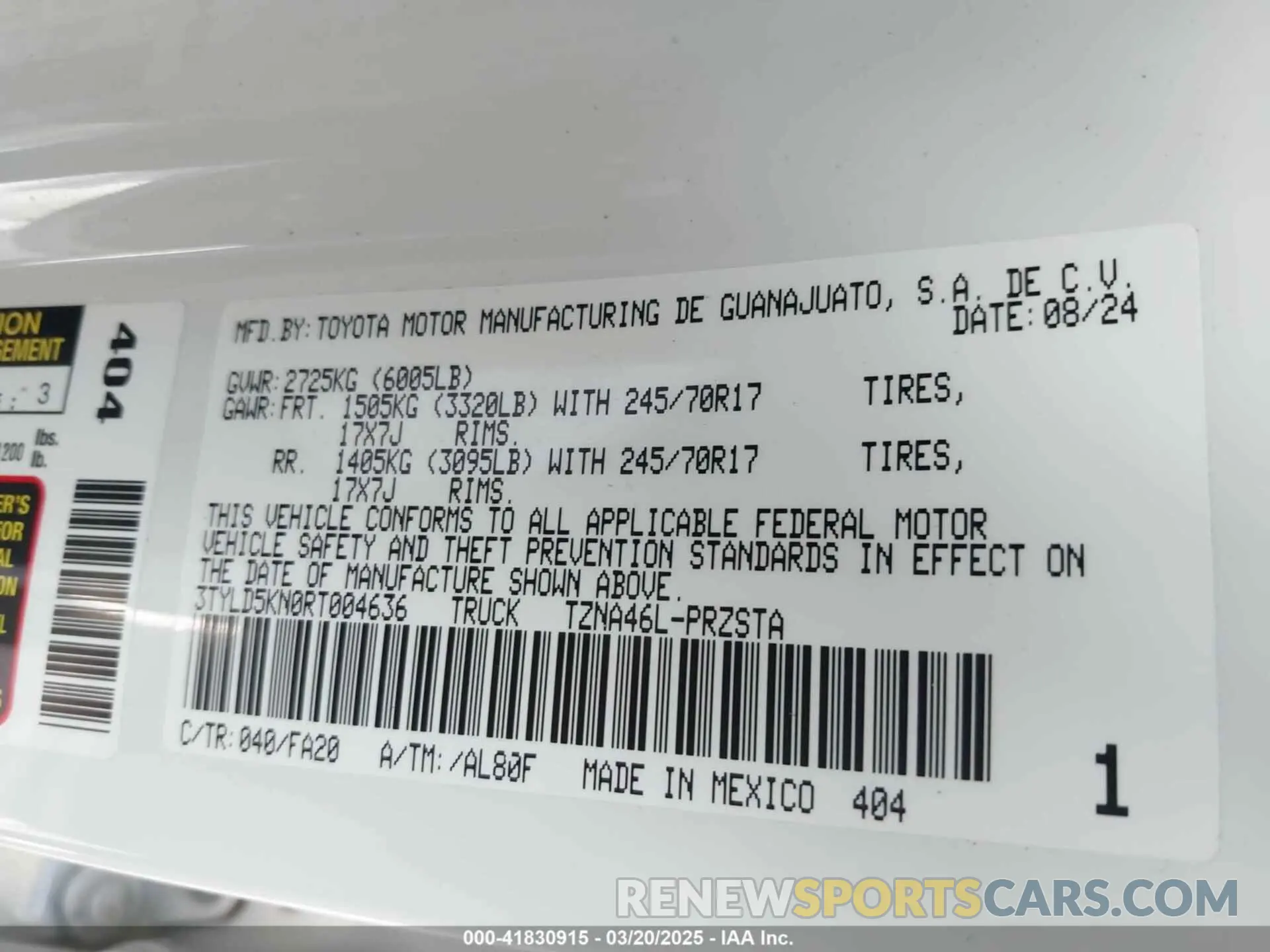 9 fotografías del automóvil dañado 3TYLD5KN0RT004636 TOYOTA TACOMA 2024