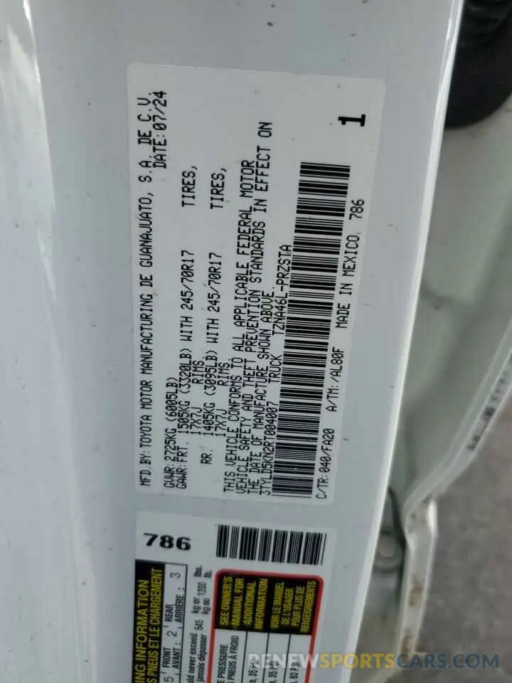 12 fotografías del automóvil dañado 3TYLD5KN2RT004007 TOYOTA TACOMA 2024