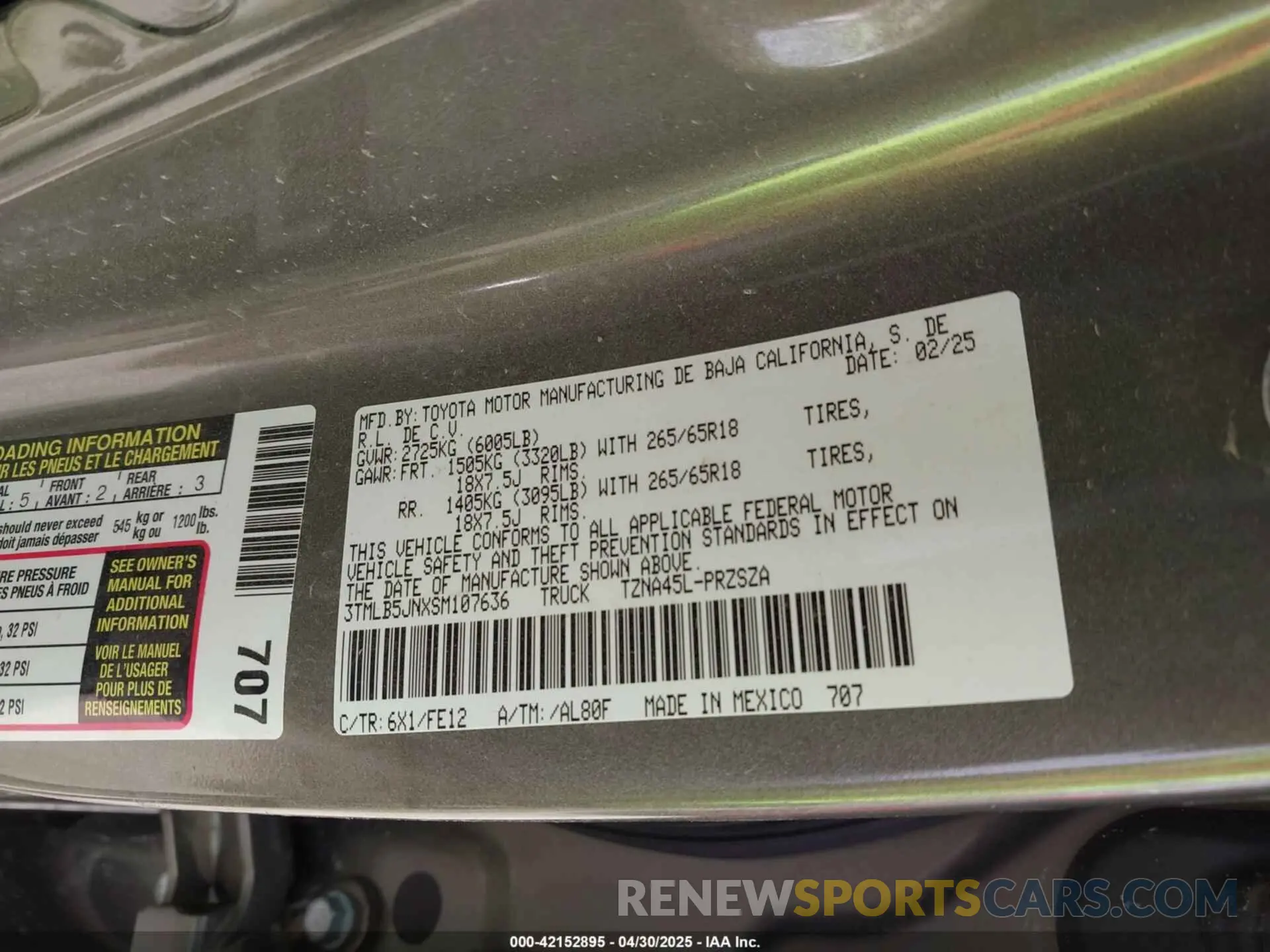 9 fotografías del automóvil dañado 3TMLB5JNXSM107636 TOYOTA TACOMA 2025