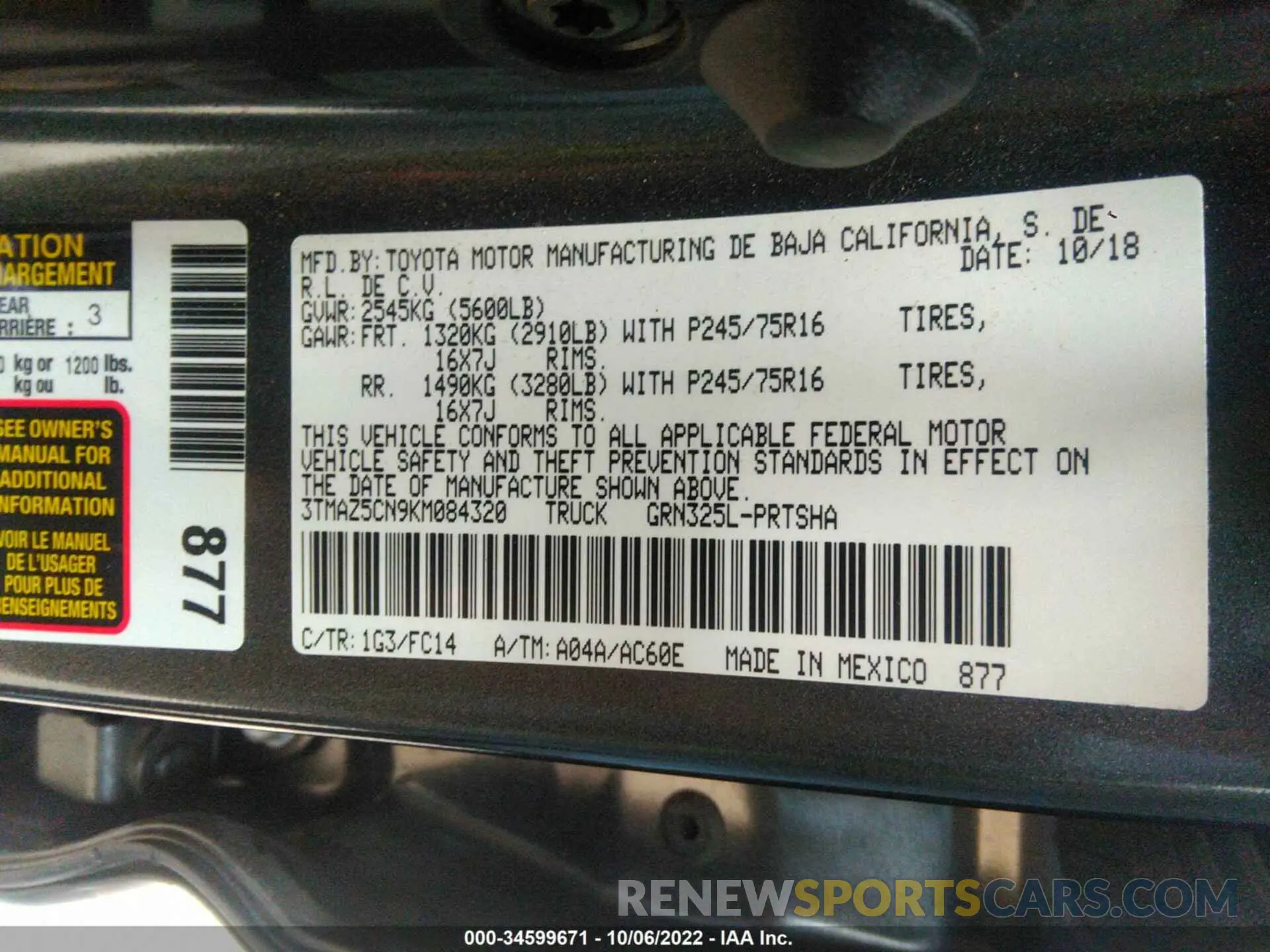 9 fotografías del automóvil dañado 3TMAZ5CN9KM084320 TOYOTA TACOMA 2WD 2019