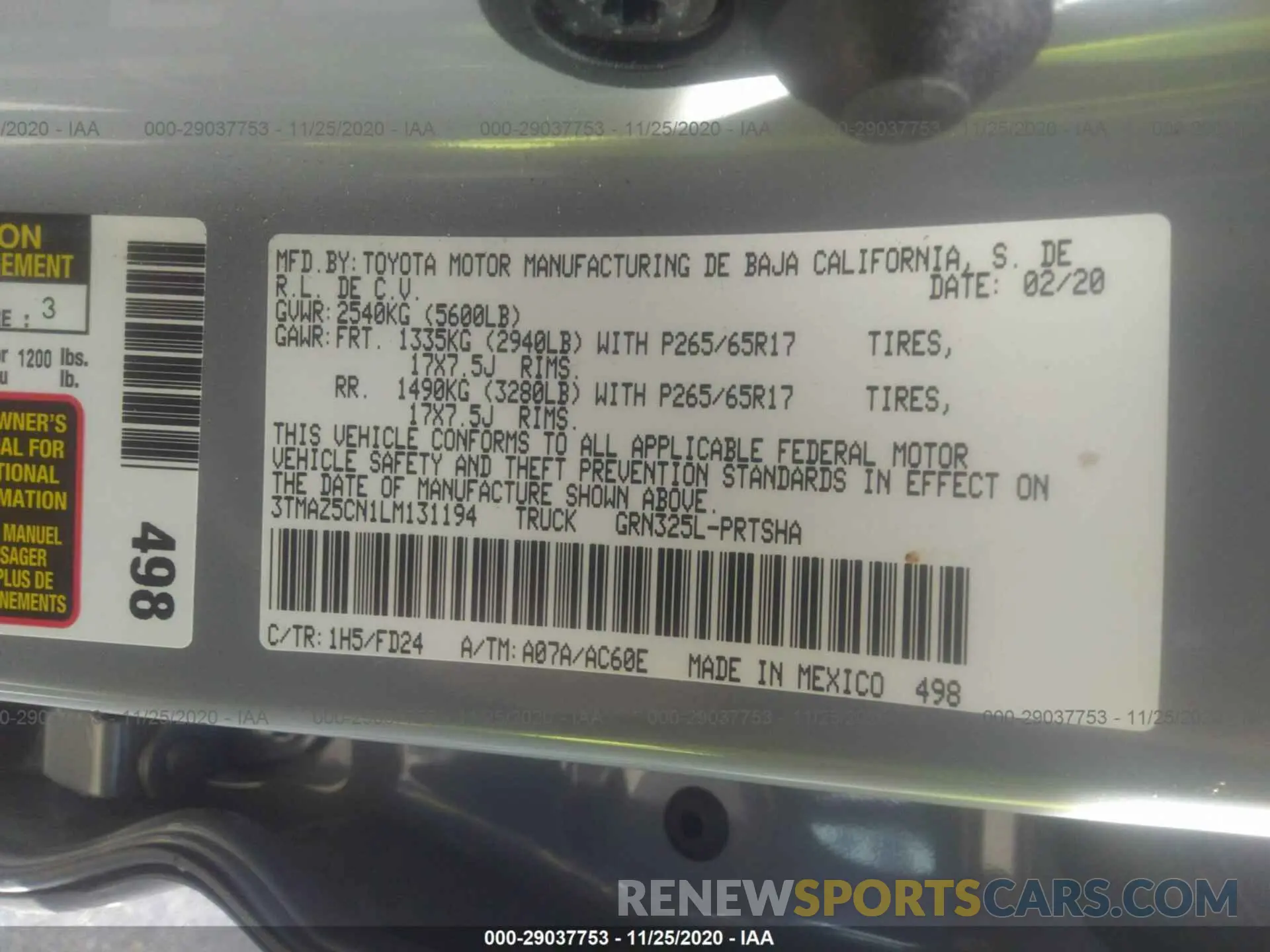 9 fotografías del automóvil dañado 3TMAZ5CN1LM131194 TOYOTA TACOMA 2WD 2020