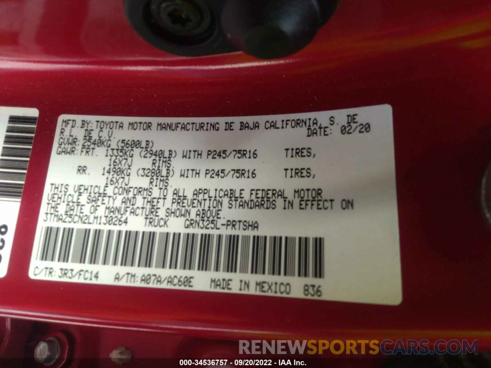 9 fotografías del automóvil dañado 3TMAZ5CN2LM130264 TOYOTA TACOMA 2WD 2020