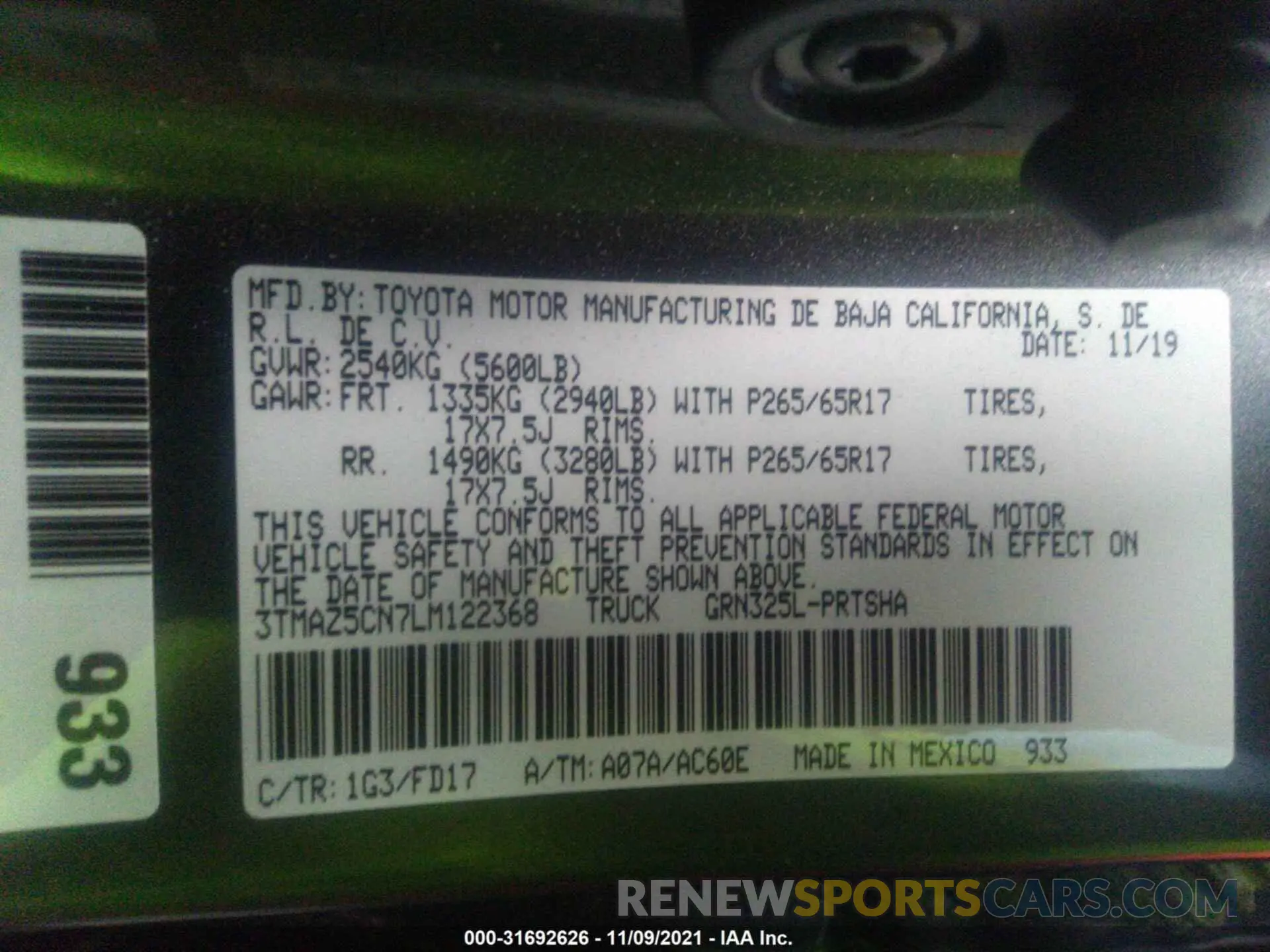 9 fotografías del automóvil dañado 3TMAZ5CN7LM122368 TOYOTA TACOMA 2WD 2020