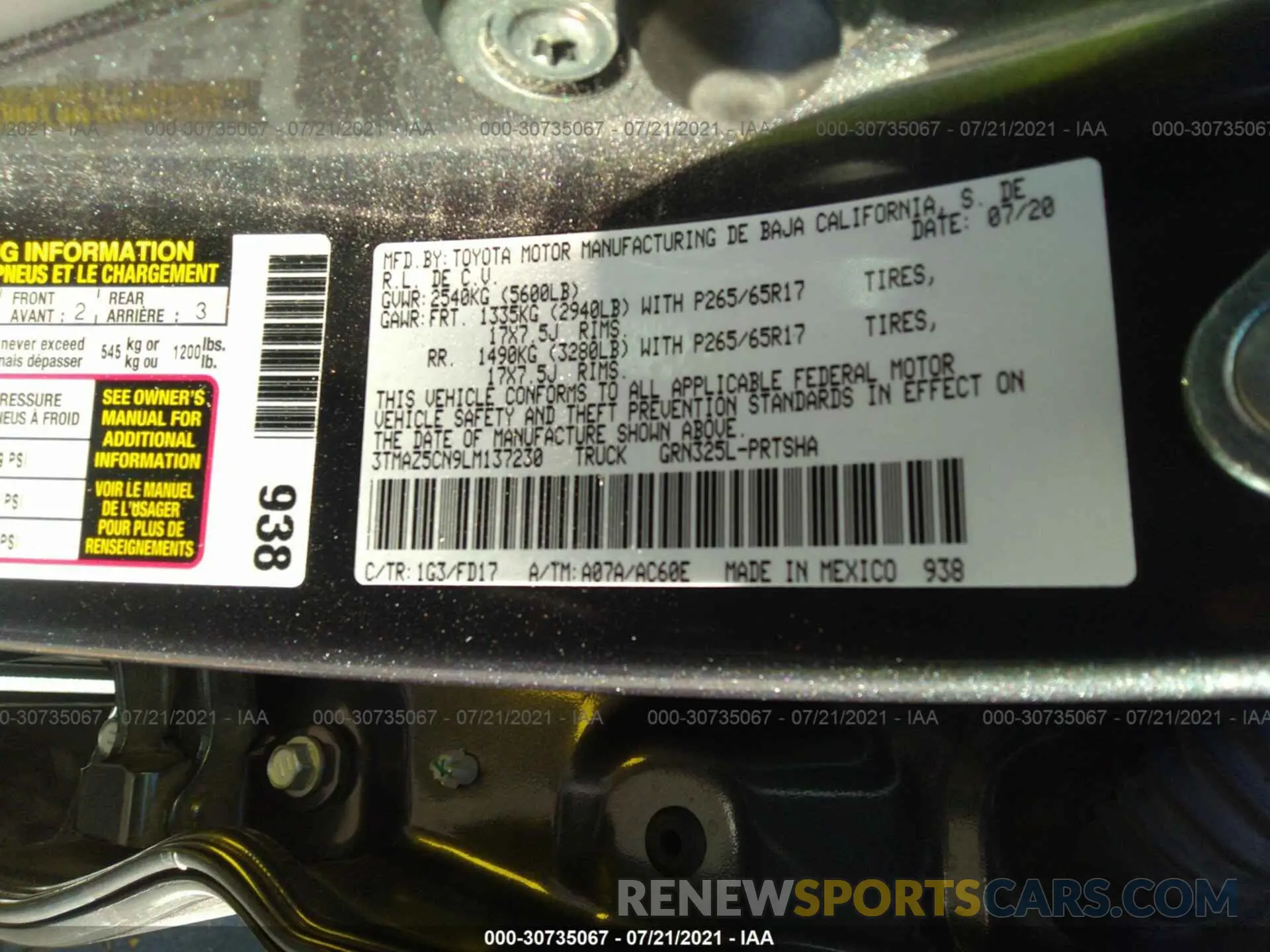9 fotografías del automóvil dañado 3TMAZ5CN9LM137230 TOYOTA TACOMA 2WD 2020