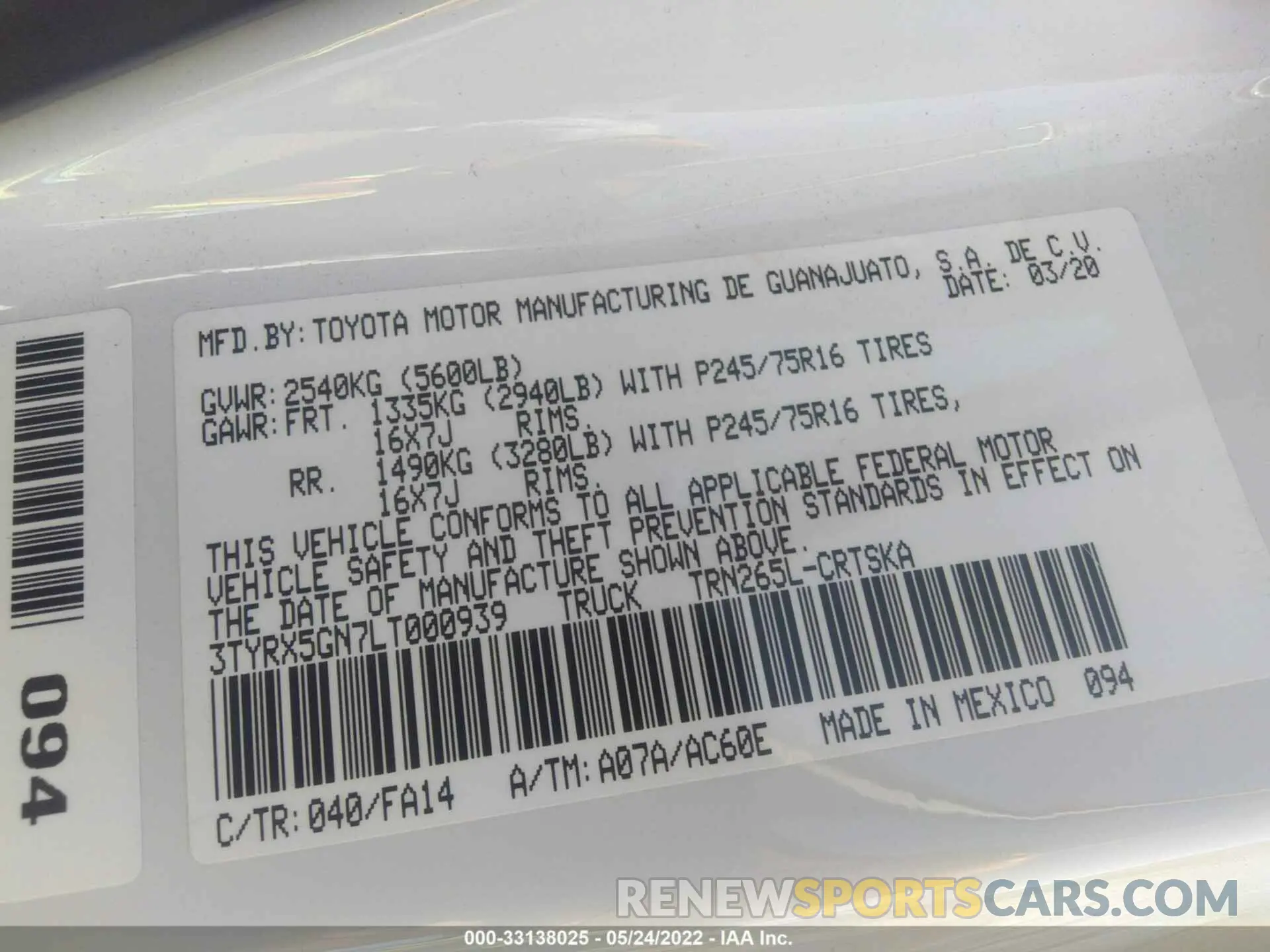 9 fotografías del automóvil dañado 3TYRX5GN7LT000939 TOYOTA TACOMA 2WD 2020
