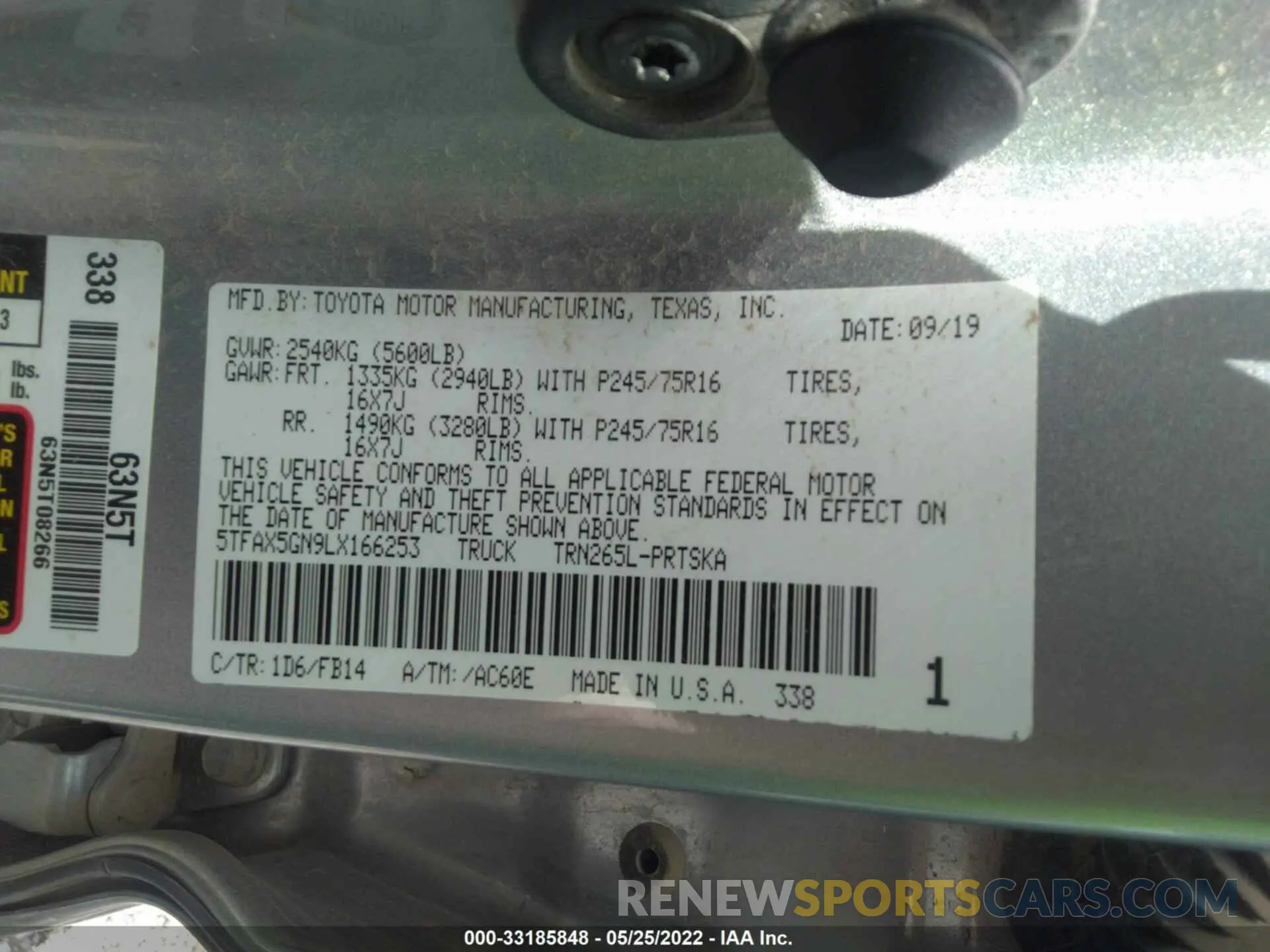 9 fotografías del automóvil dañado 5TFAX5GN9LX166253 TOYOTA TACOMA 2WD 2020