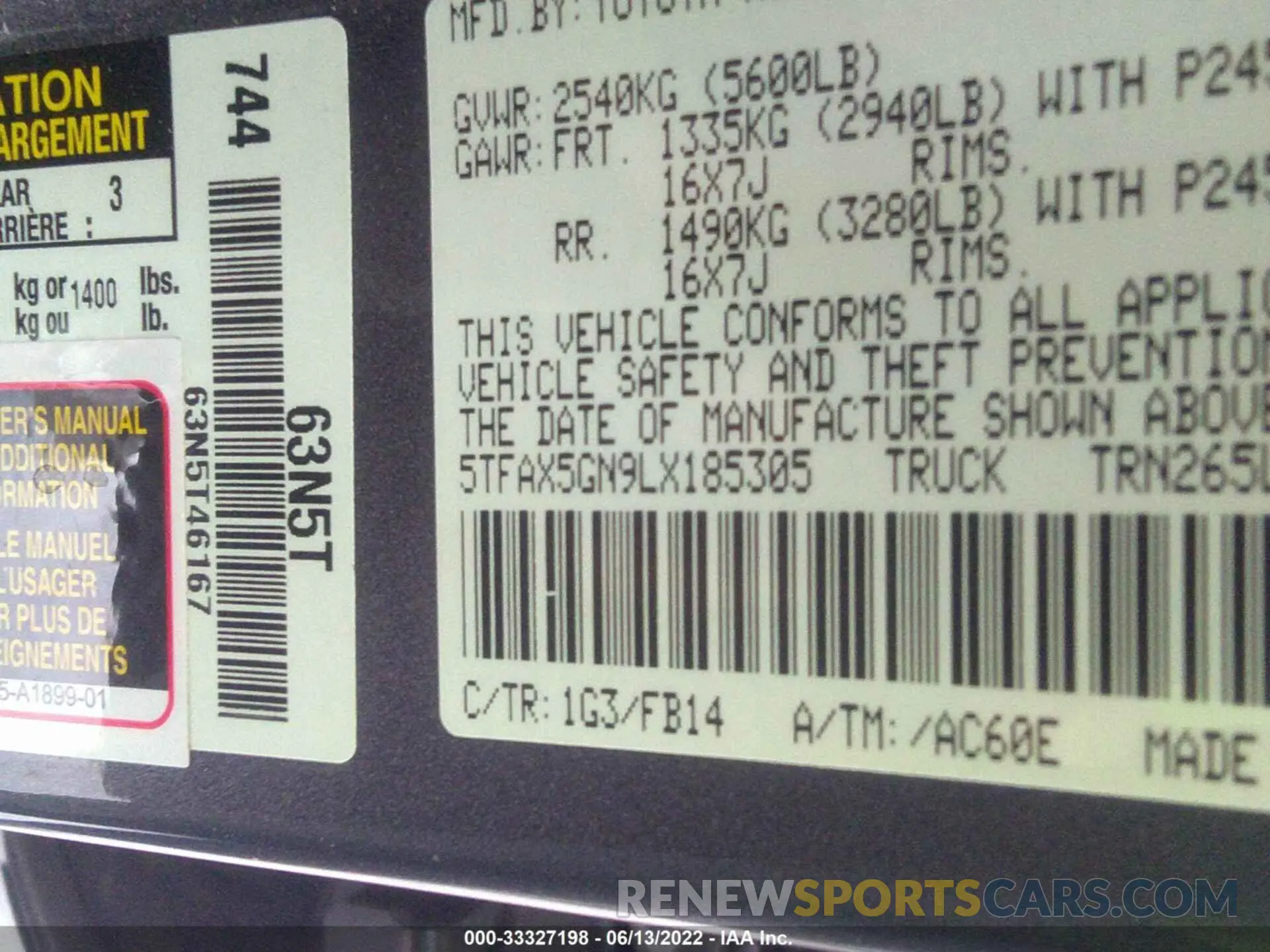 9 fotografías del automóvil dañado 5TFAX5GN9LX185305 TOYOTA TACOMA 2WD 2020