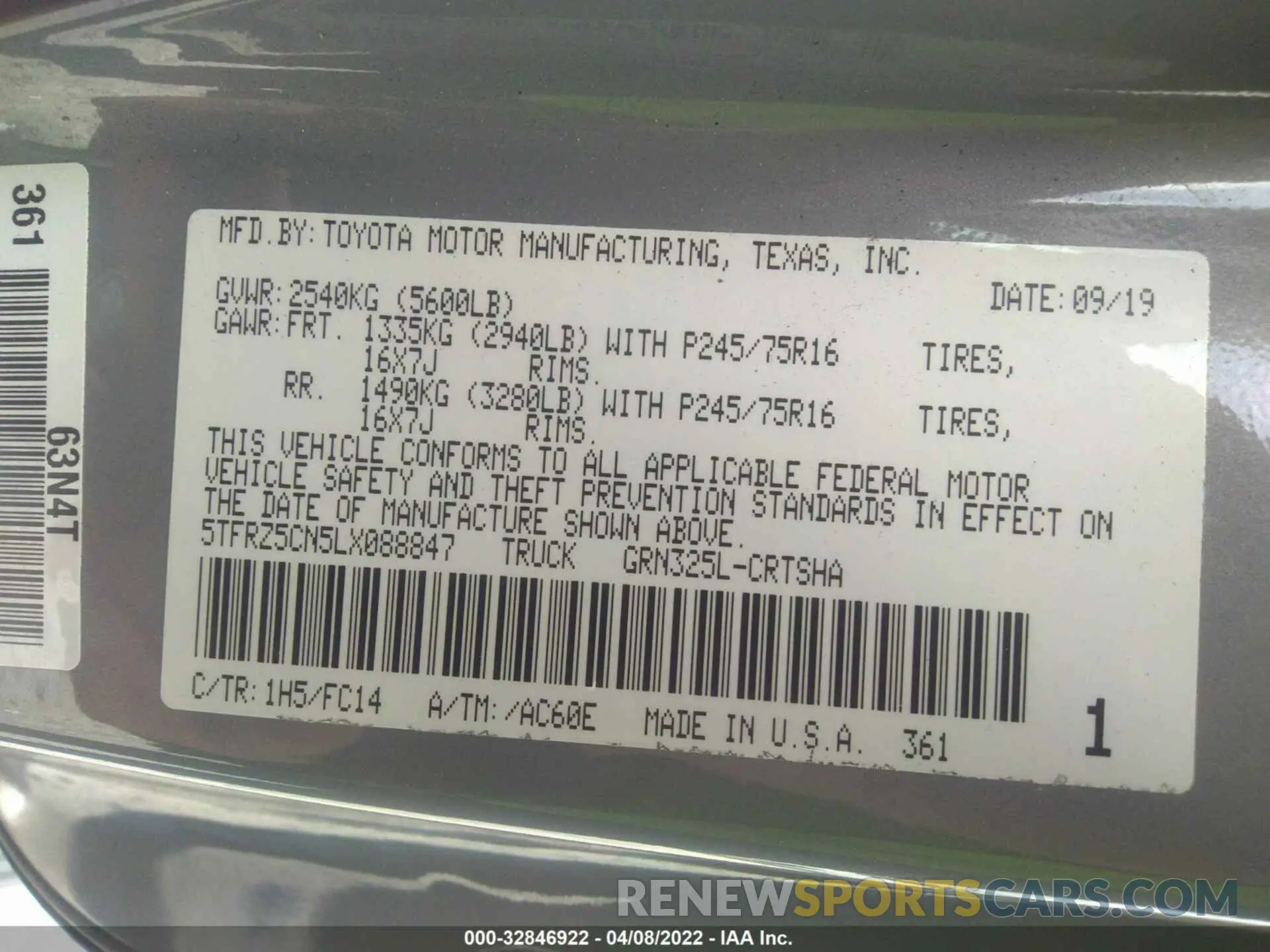 9 fotografías del automóvil dañado 5TFRZ5CN5LX088847 TOYOTA TACOMA 2WD 2020