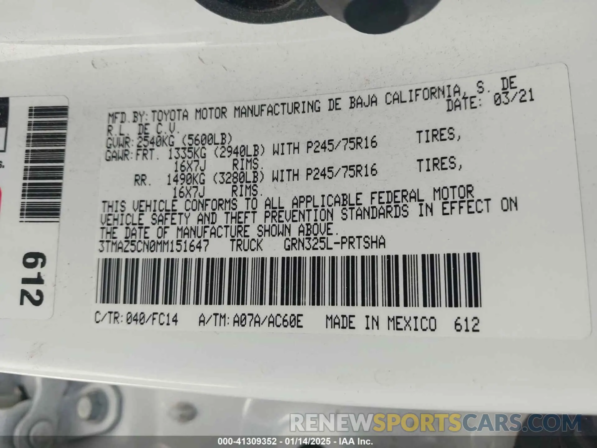 9 fotografías del automóvil dañado 3TMAZ5CN0MM151647 TOYOTA TACOMA 2WD 2021