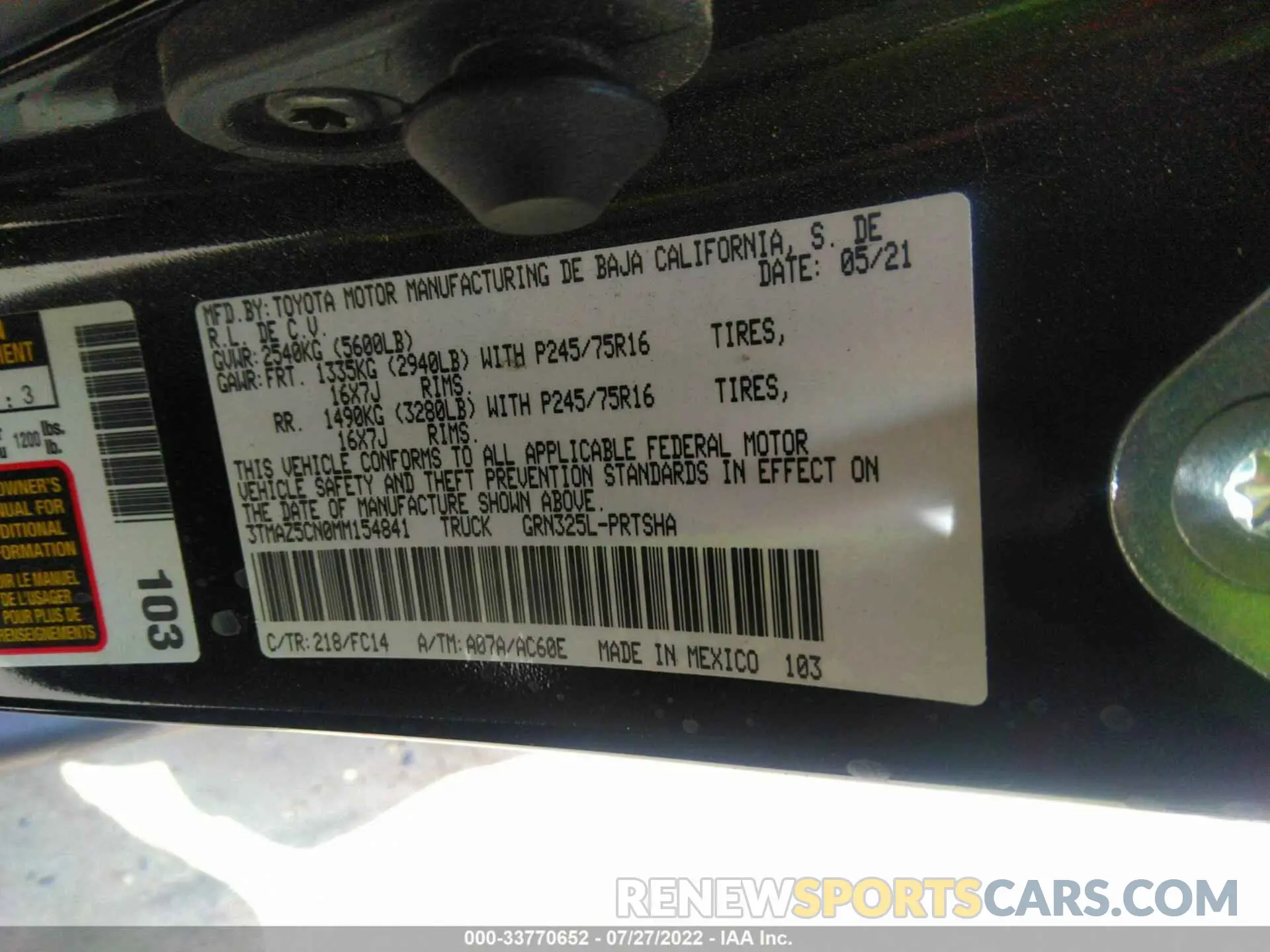 9 fotografías del automóvil dañado 3TMAZ5CN0MM154841 TOYOTA TACOMA 2WD 2021