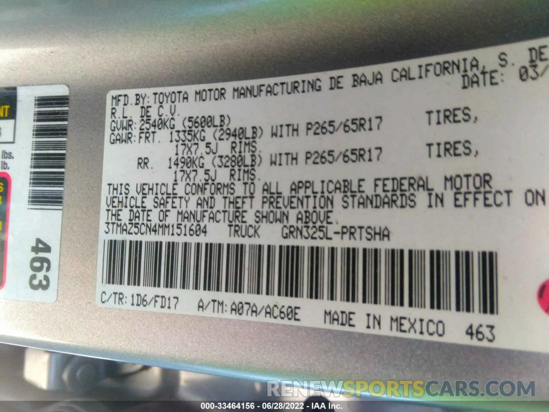 9 fotografías del automóvil dañado 3TMAZ5CN4MM151604 TOYOTA TACOMA 2WD 2021