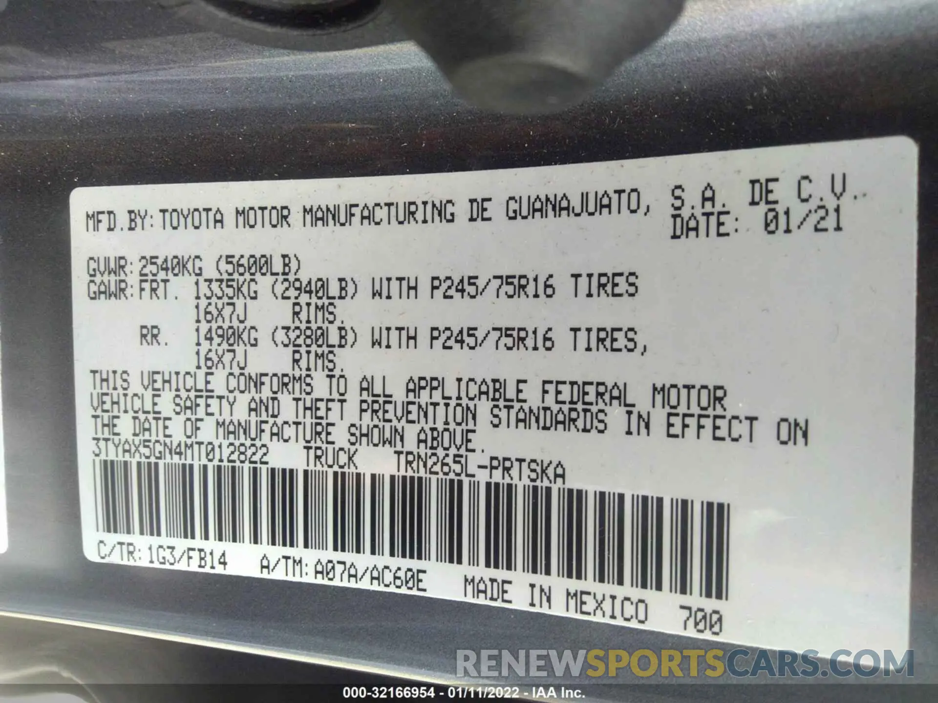 9 fotografías del automóvil dañado 3TYAX5GN4MT012822 TOYOTA TACOMA 2WD 2021