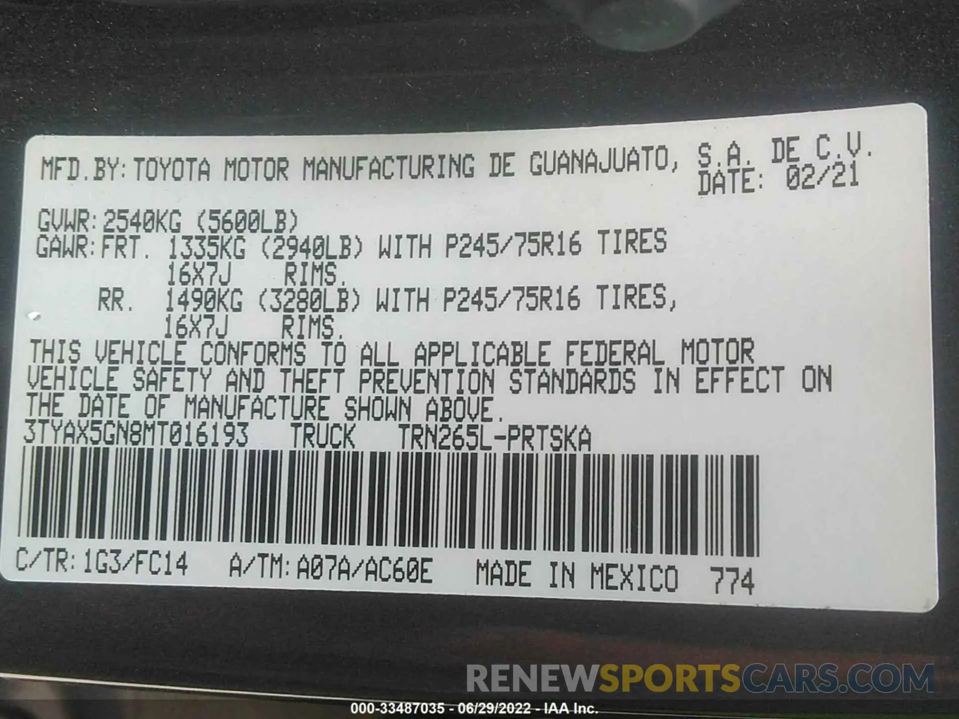 9 fotografías del automóvil dañado 3TYAX5GN8MT016193 TOYOTA TACOMA 2WD 2021