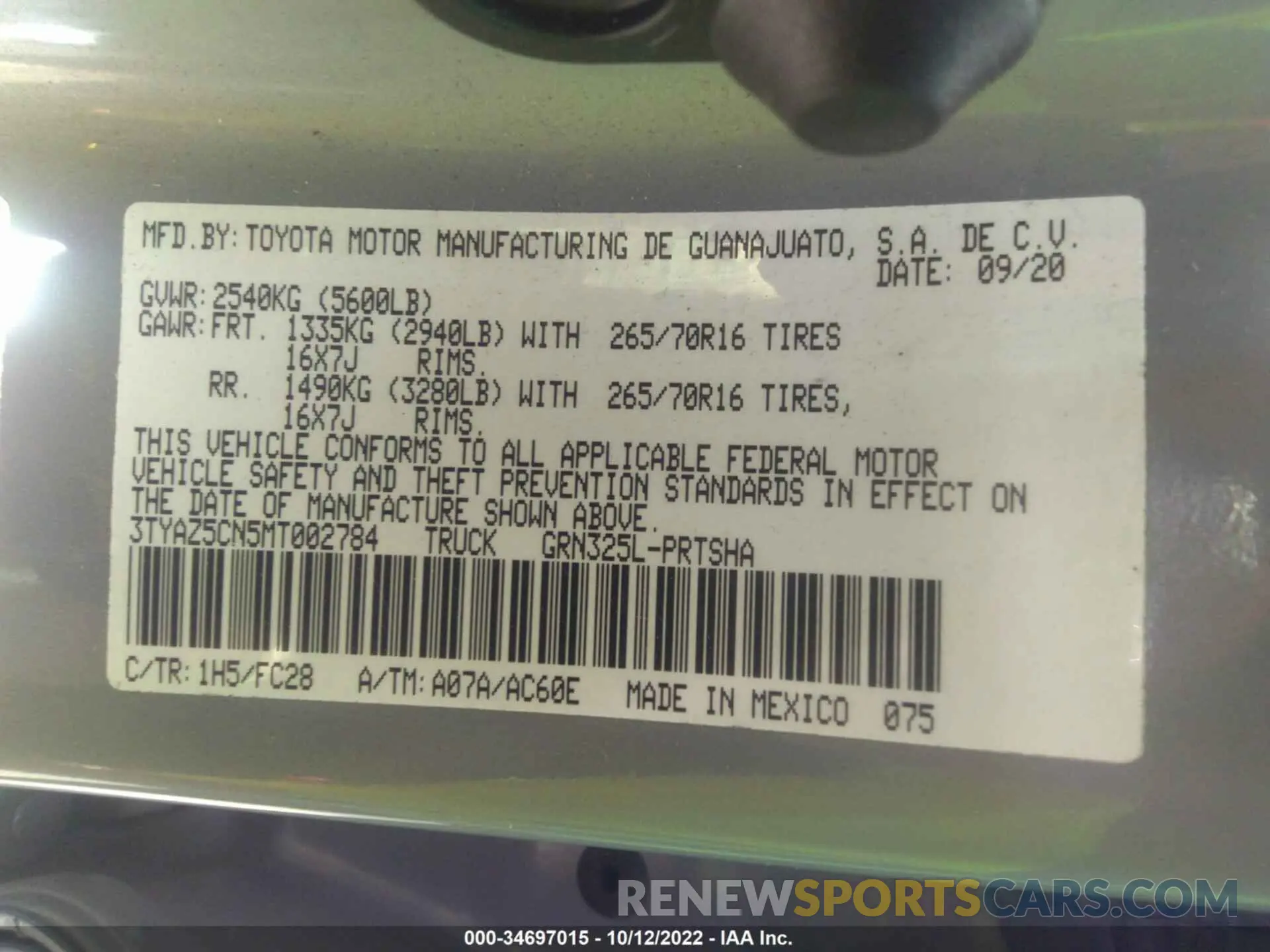 9 fotografías del automóvil dañado 3TYAZ5CN5MT002784 TOYOTA TACOMA 2WD 2021