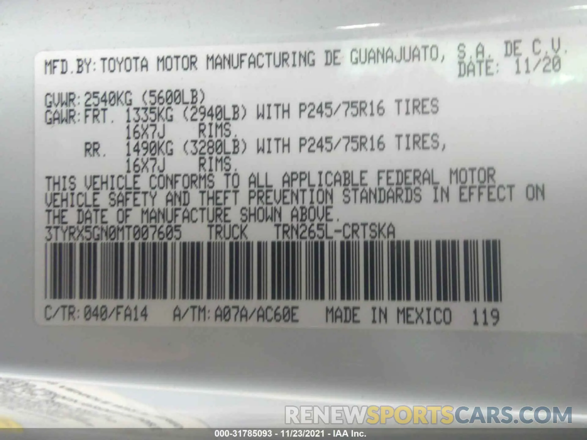 9 fotografías del automóvil dañado 3TYRX5GN0MT007605 TOYOTA TACOMA 2WD 2021