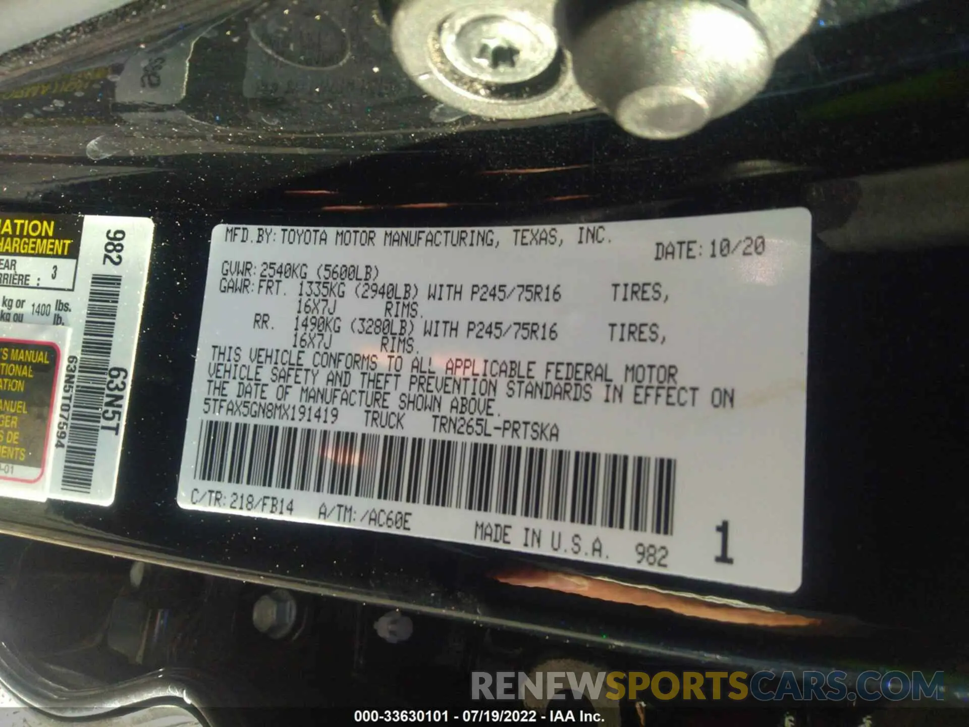 9 fotografías del automóvil dañado 5TFAX5GN8MX191419 TOYOTA TACOMA 2WD 2021