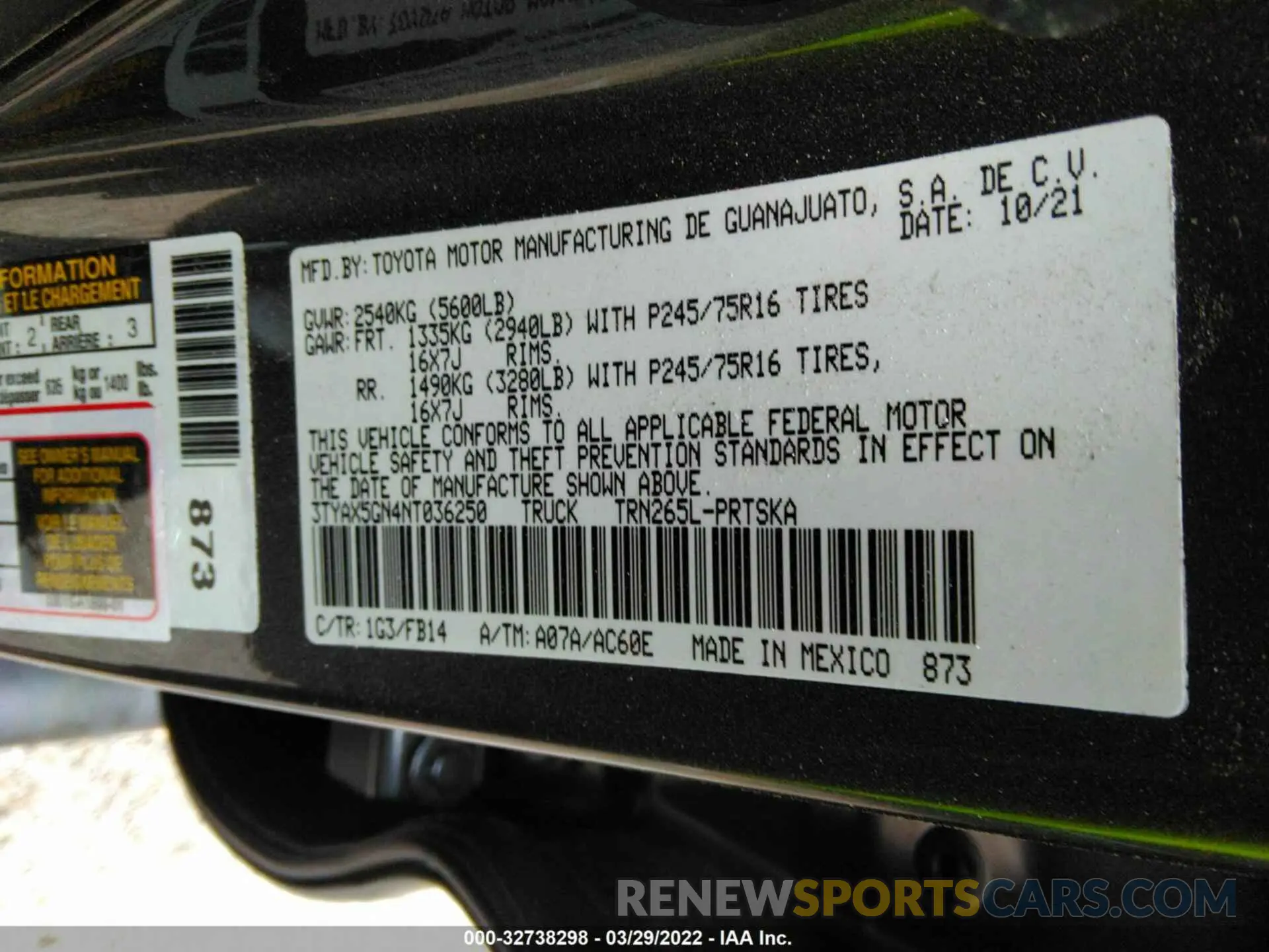 9 fotografías del automóvil dañado 3TYAX5GN4NT036250 TOYOTA TACOMA 2WD 2022